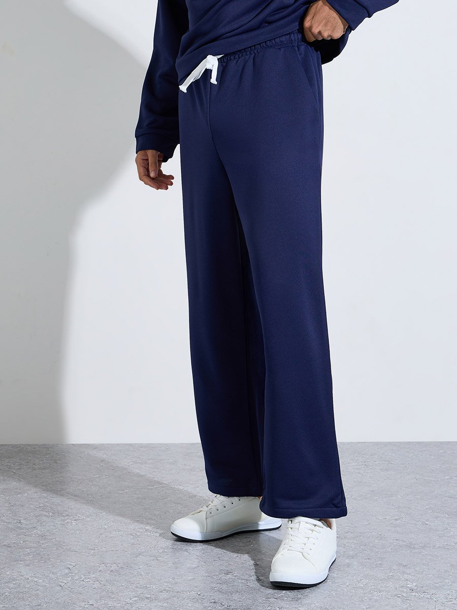 Men Navy Blue Plain Long Sleeve Hoodie and Joggers Co-Ords