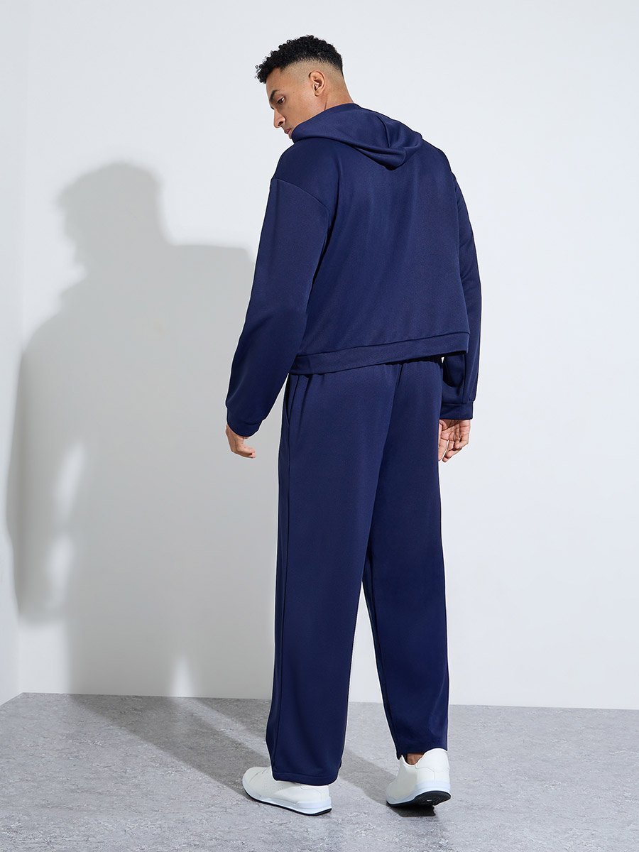 Men Navy Blue Plain Long Sleeve Hoodie and Joggers Co-Ords