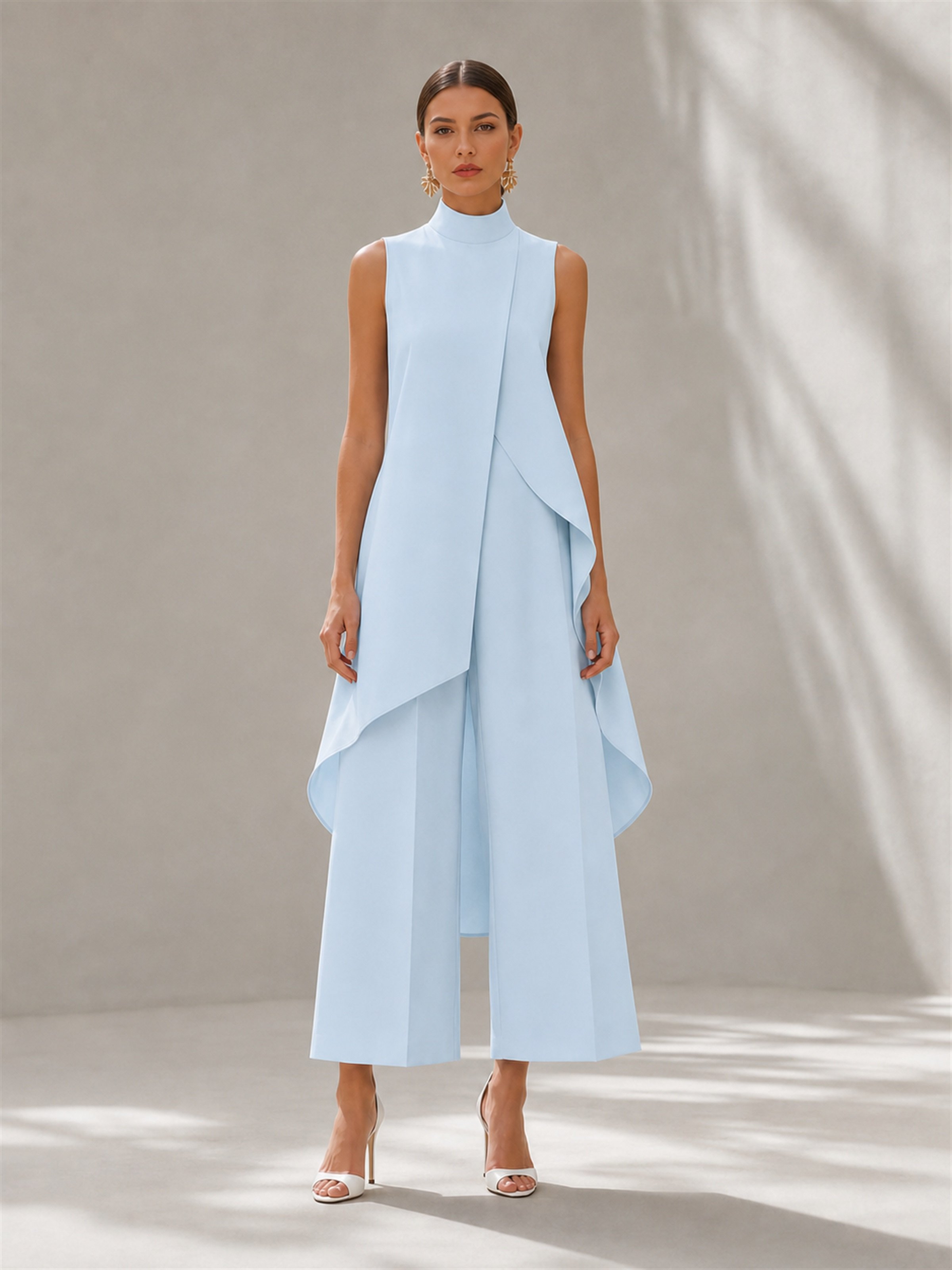 Light Blue Asymmetric Sleeveless Top and Wide Leg Trousers Set