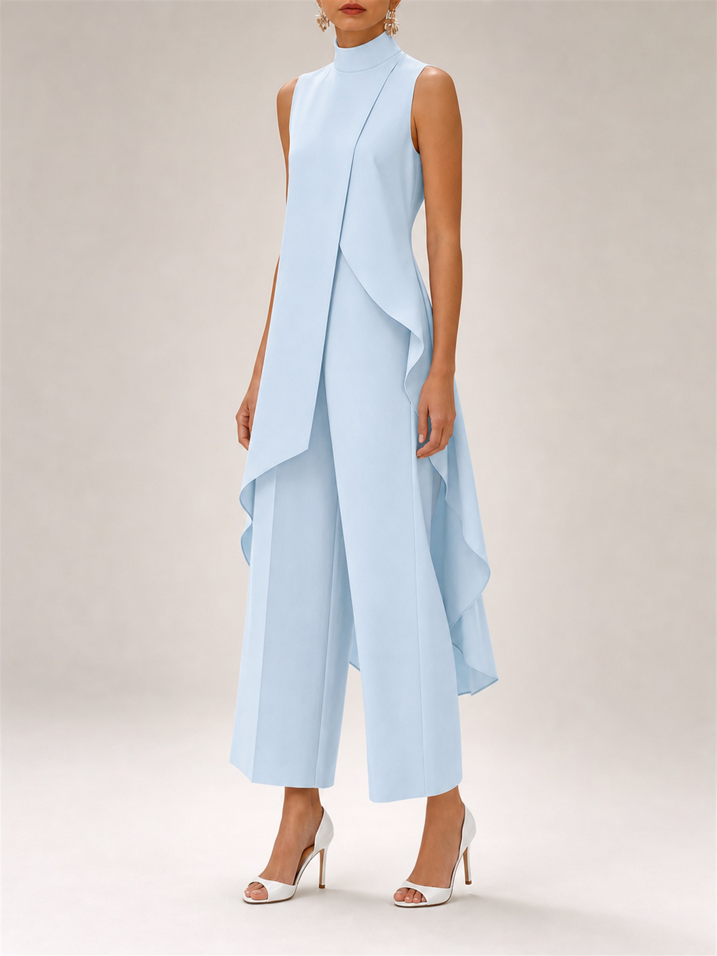 Light Blue Asymmetric Sleeveless Top and Wide Leg Trousers Set
