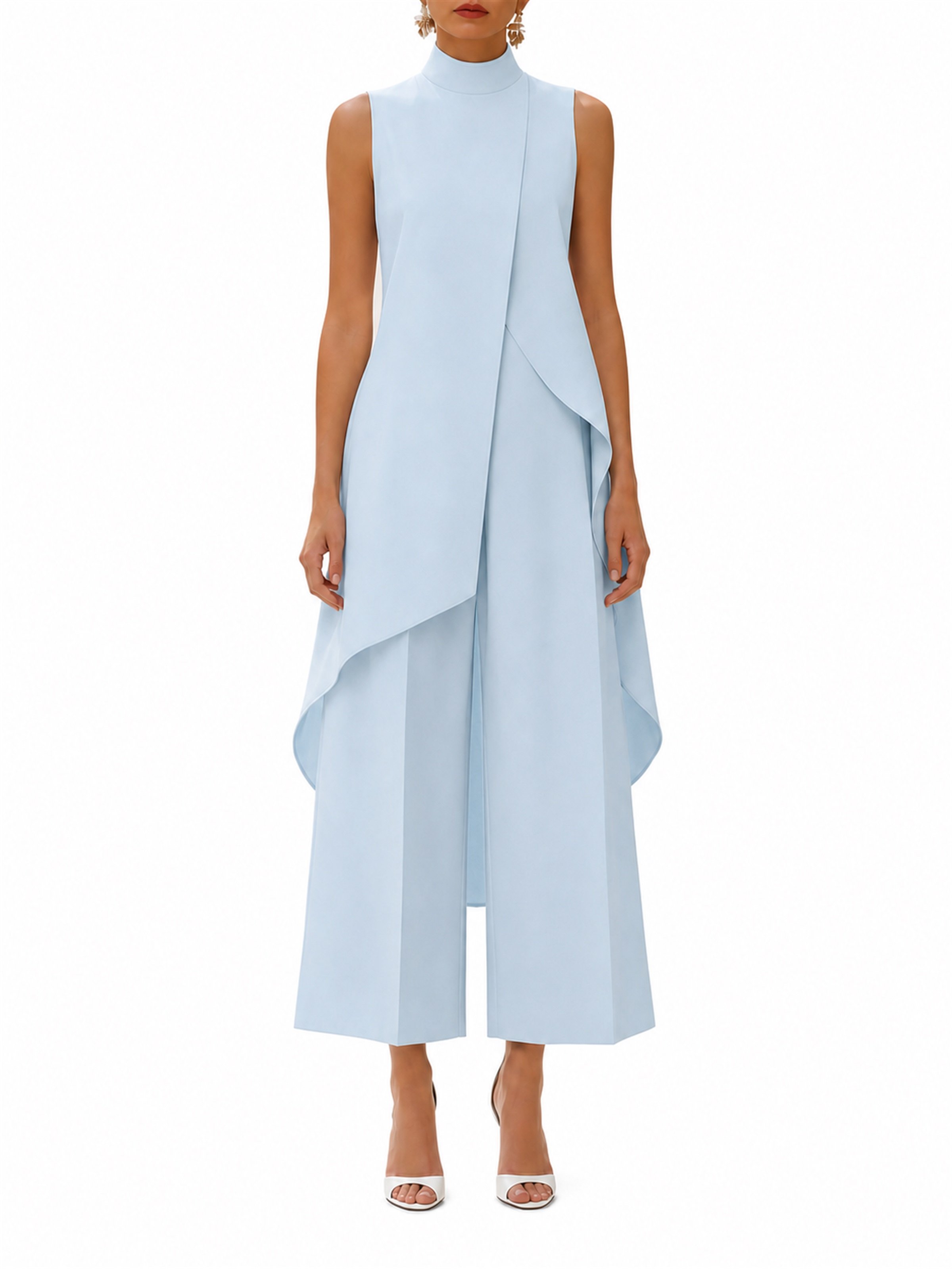 Light Blue Asymmetric Sleeveless Top and Wide Leg Trousers Set