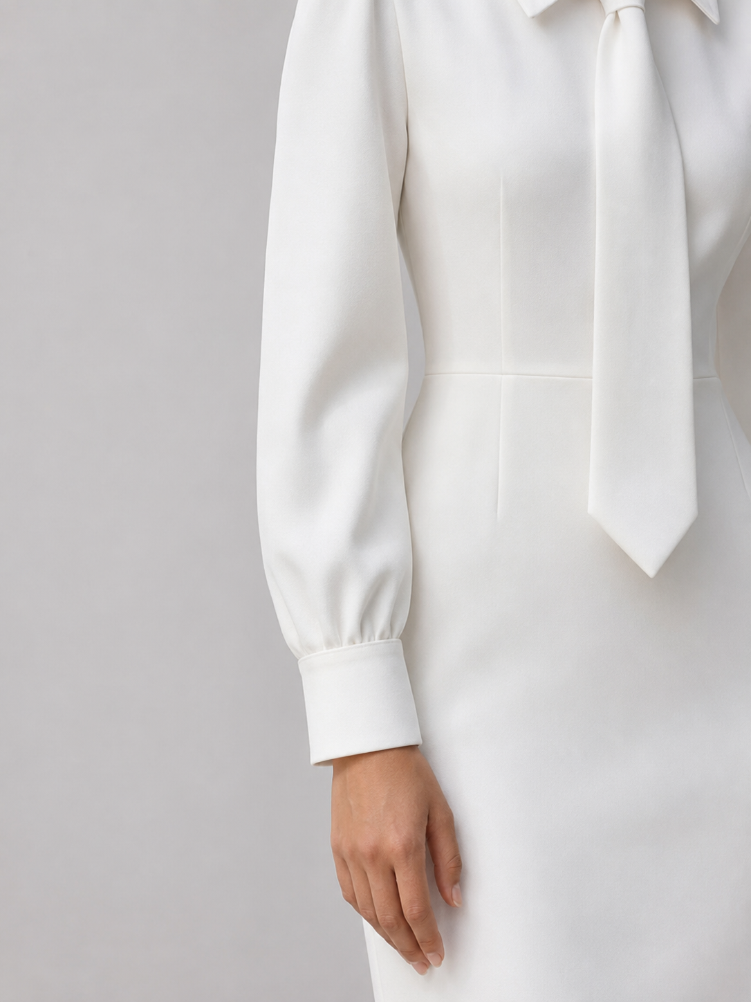 White Sheath Dress with Tie Detail and Long Sleeves