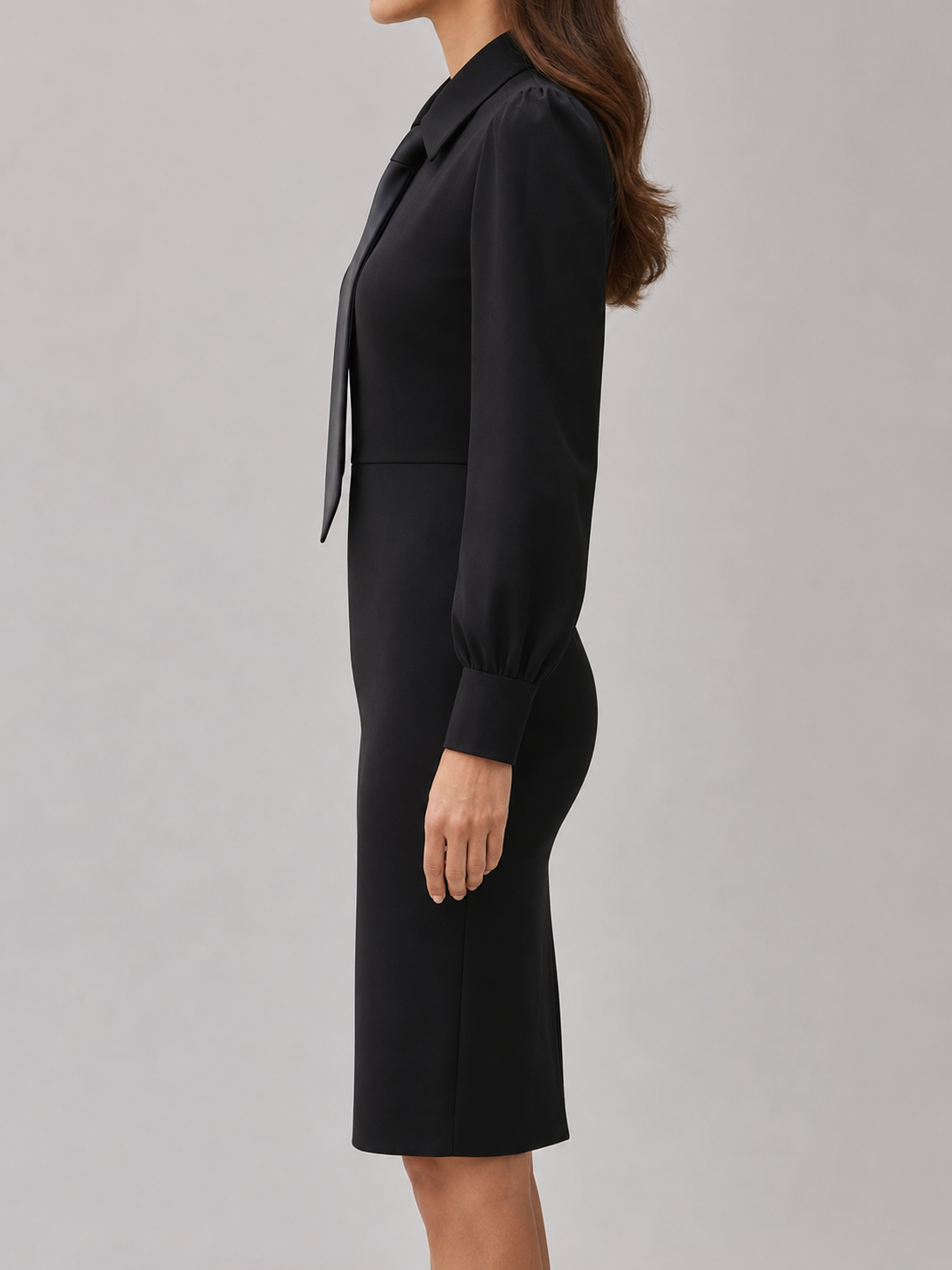 Black Sheath Dress with Tie Detail and Long Sleeves