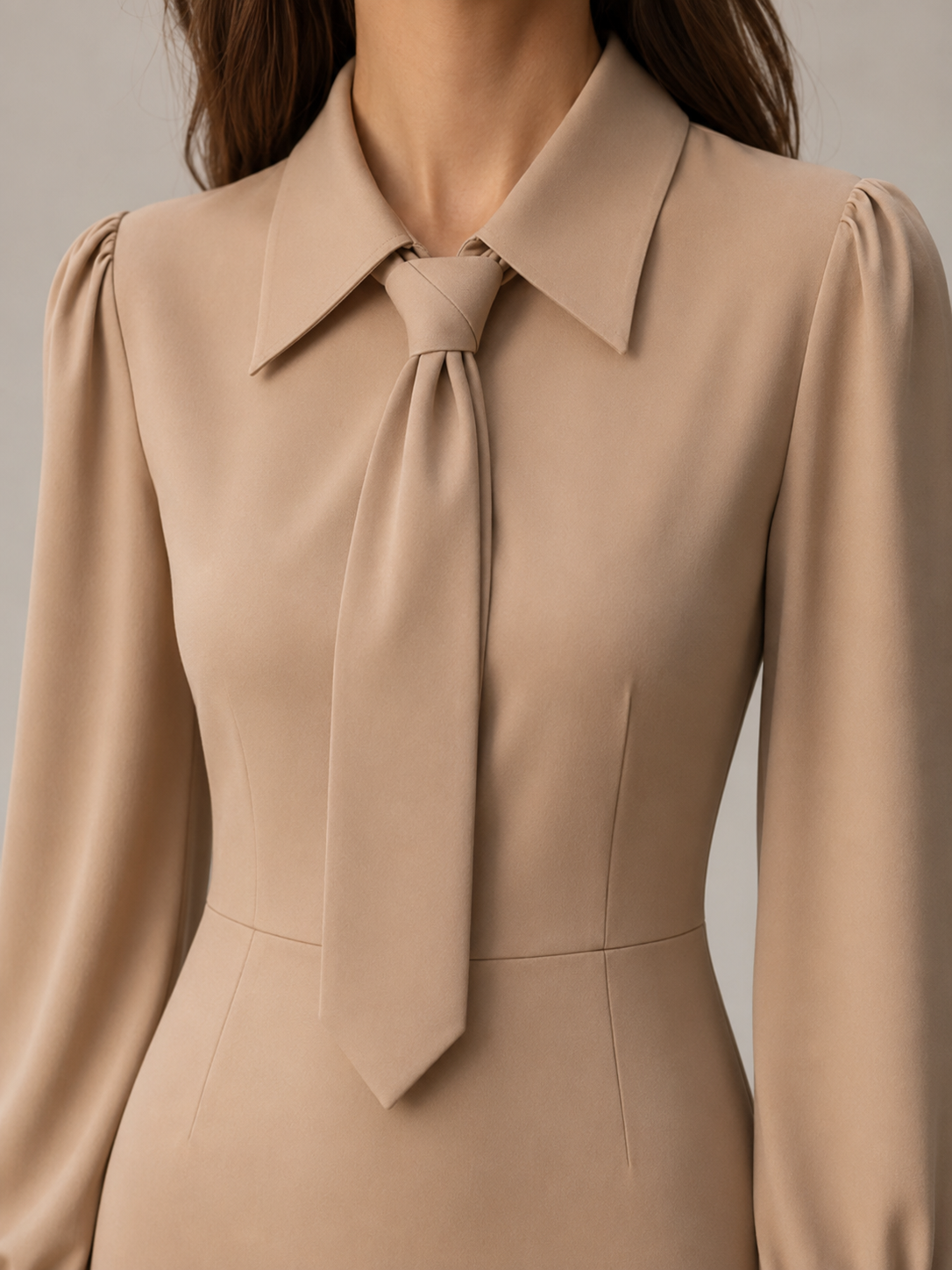 Khaki Plain Sheath Dress with Tie-Neck and Long Sleeves