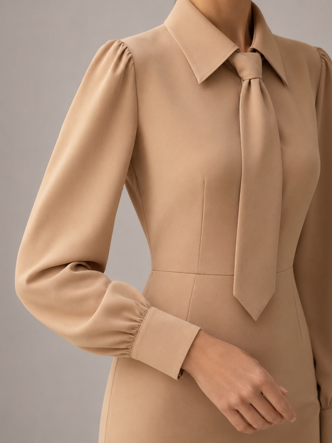 Khaki Plain Sheath Dress with Tie-Neck and Long Sleeves