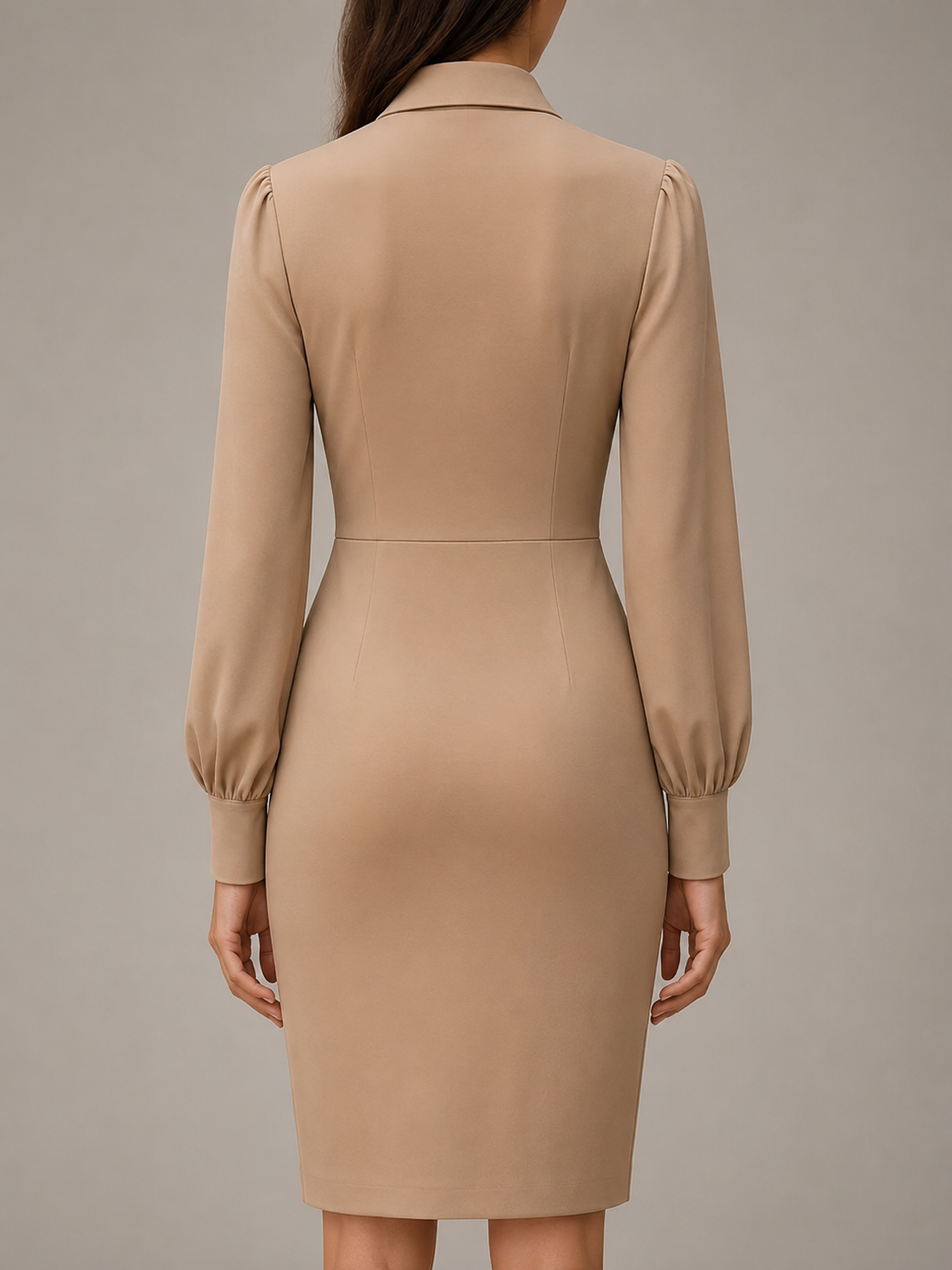 Khaki Plain Sheath Dress with Tie-Neck and Long Sleeves