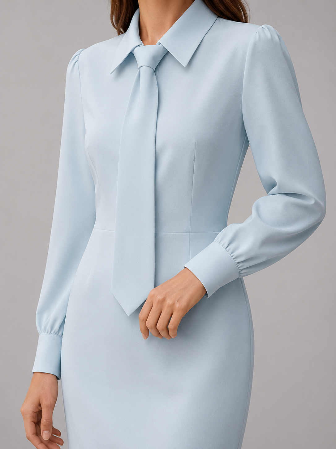 Light Blue Sheath Dress with Tie Collar