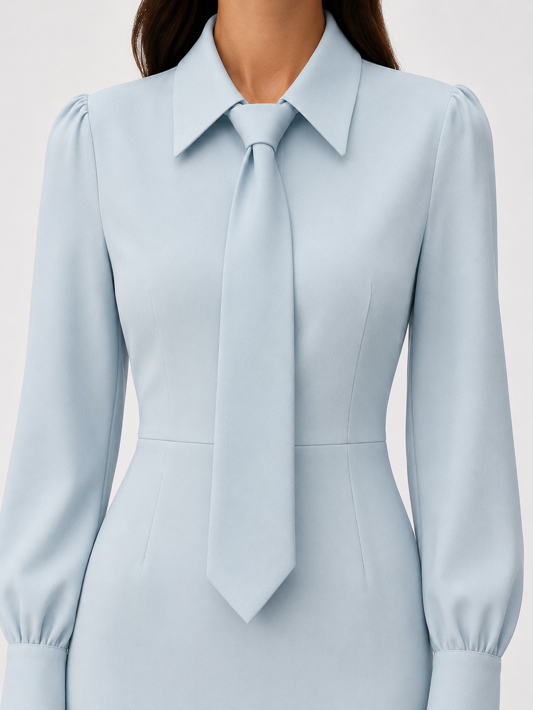 Light Blue Sheath Dress with Tie Collar