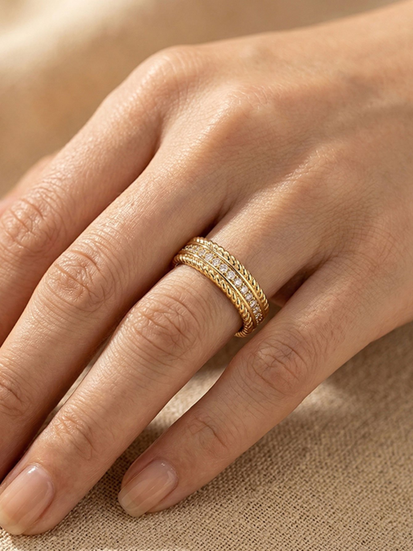 Golden Rope Textured Zircon Ring