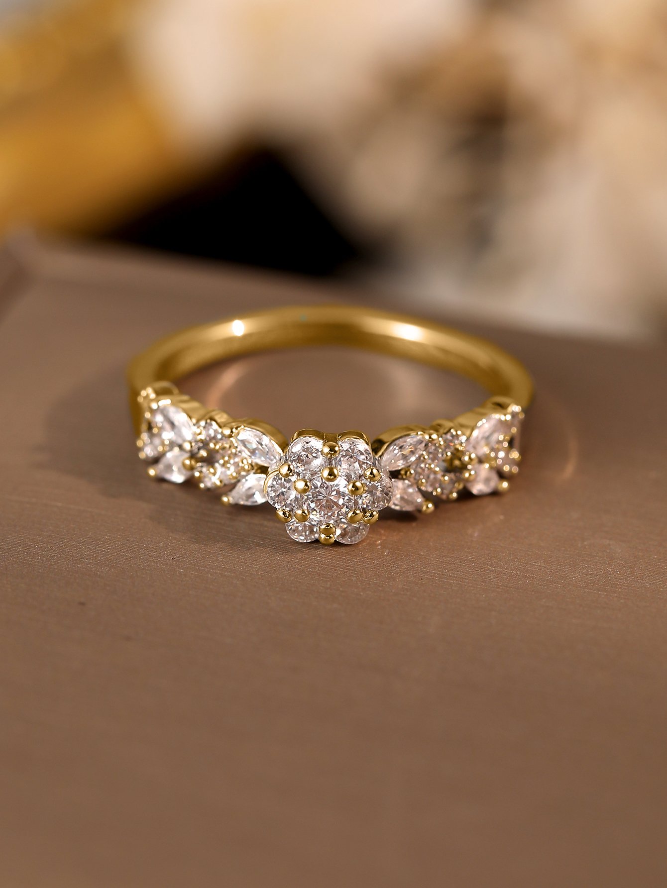 Gold Plated Cubic Zirconia Flower Ring