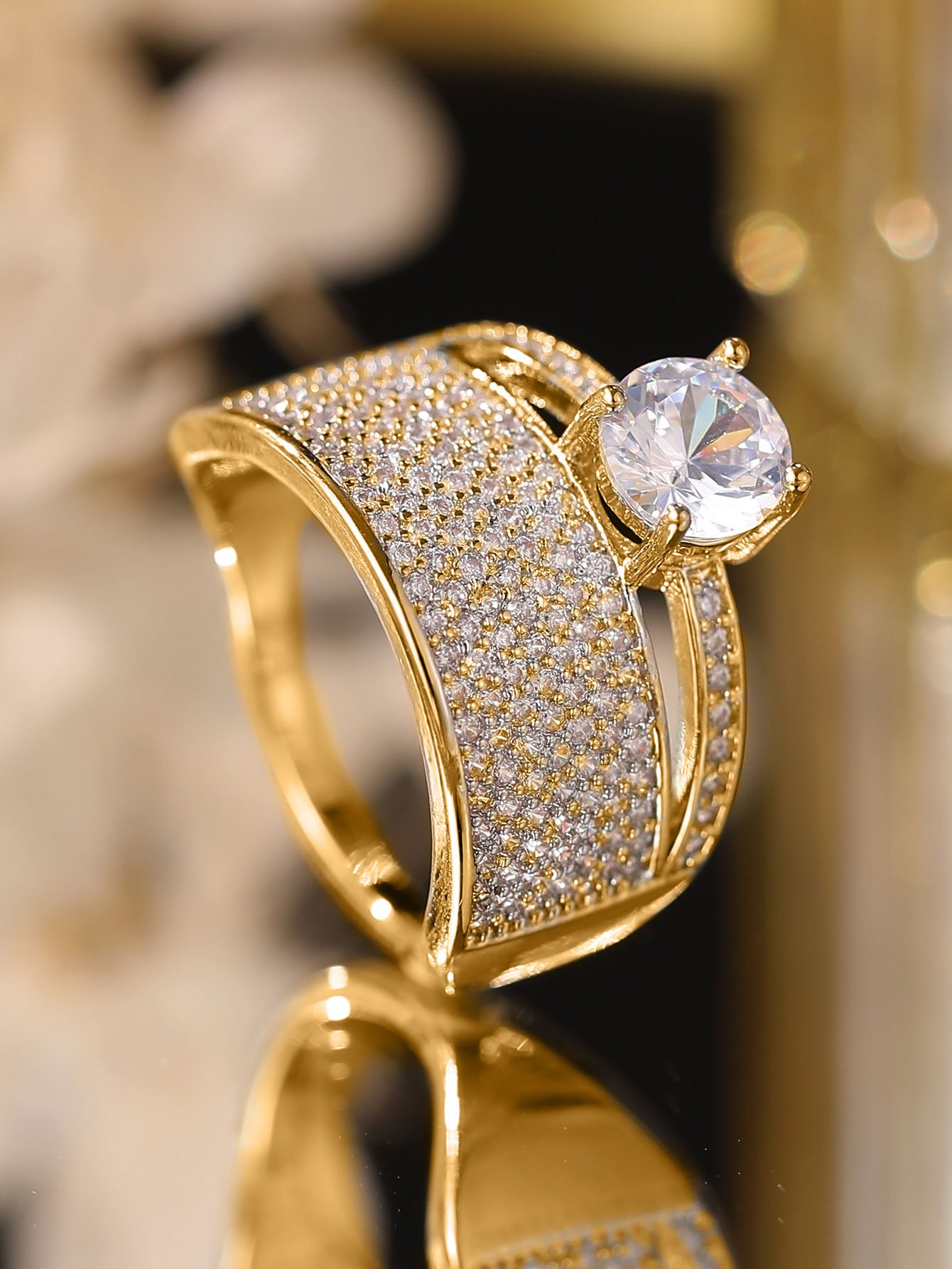 Gold Plated Cubic Zirconia Statement Ring Set