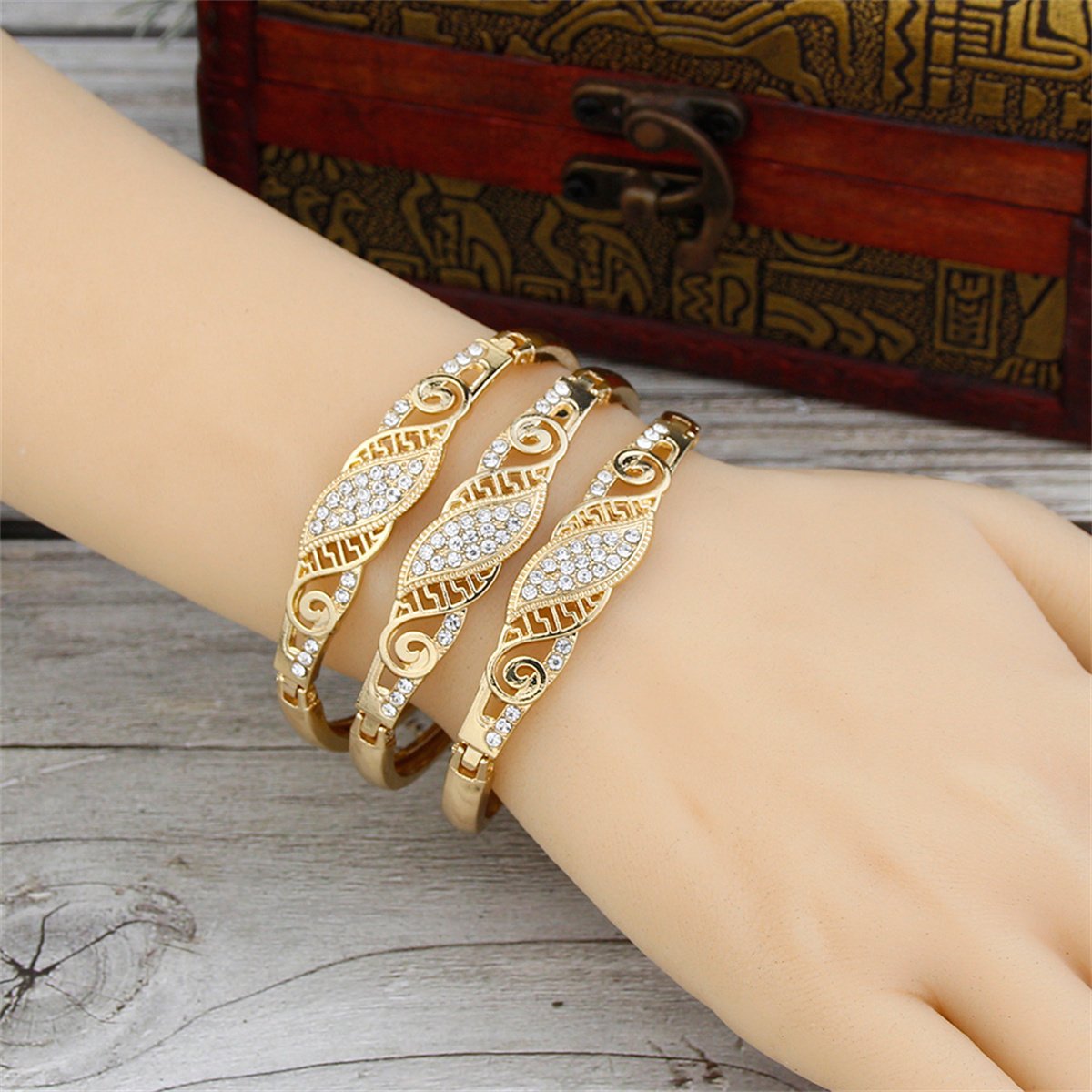 3-Piece Gold Rhinestone Bangle Set - Everyday Wear.