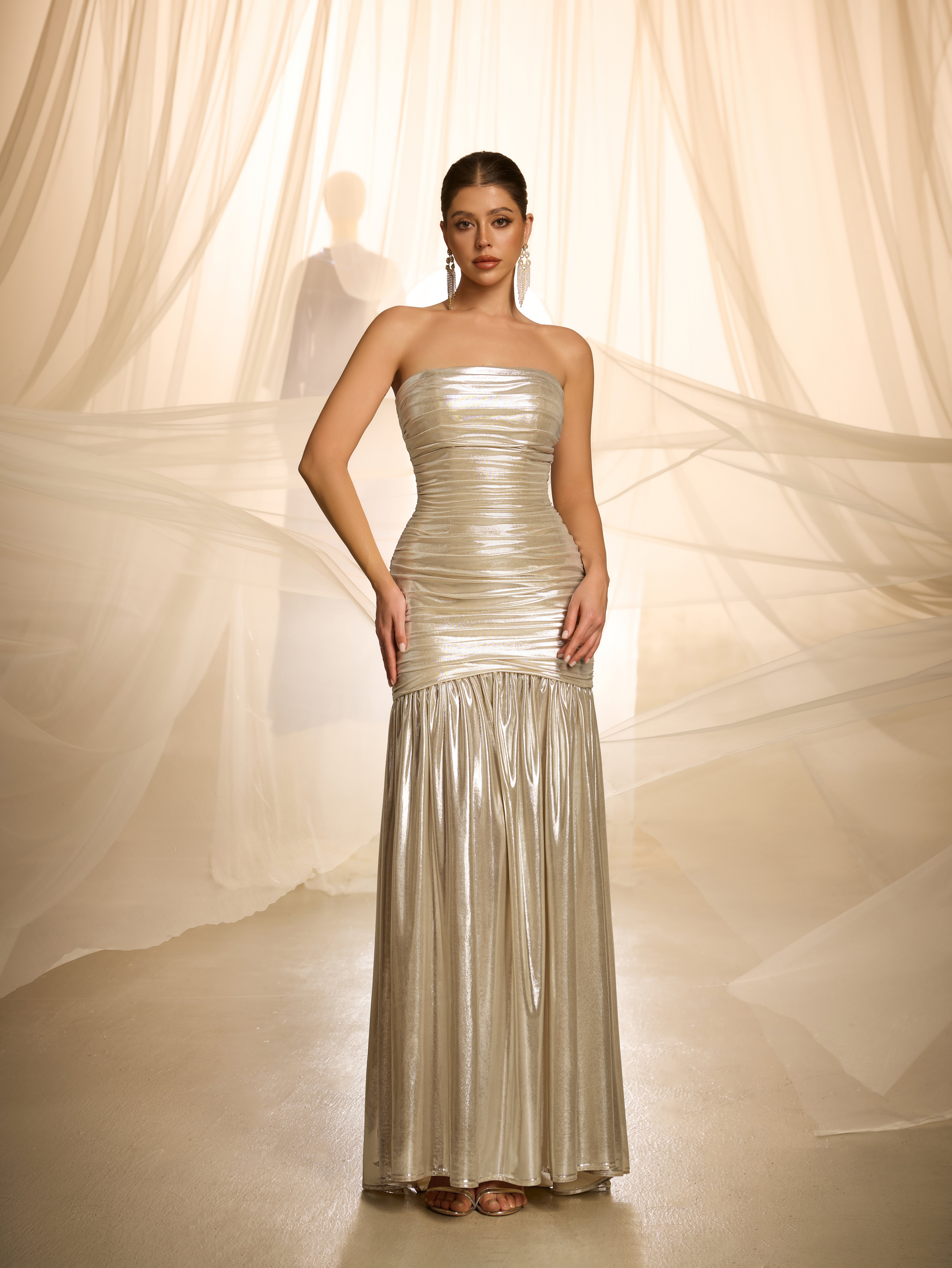 Gold Strapless Graphic Bodycon Maxi Dress