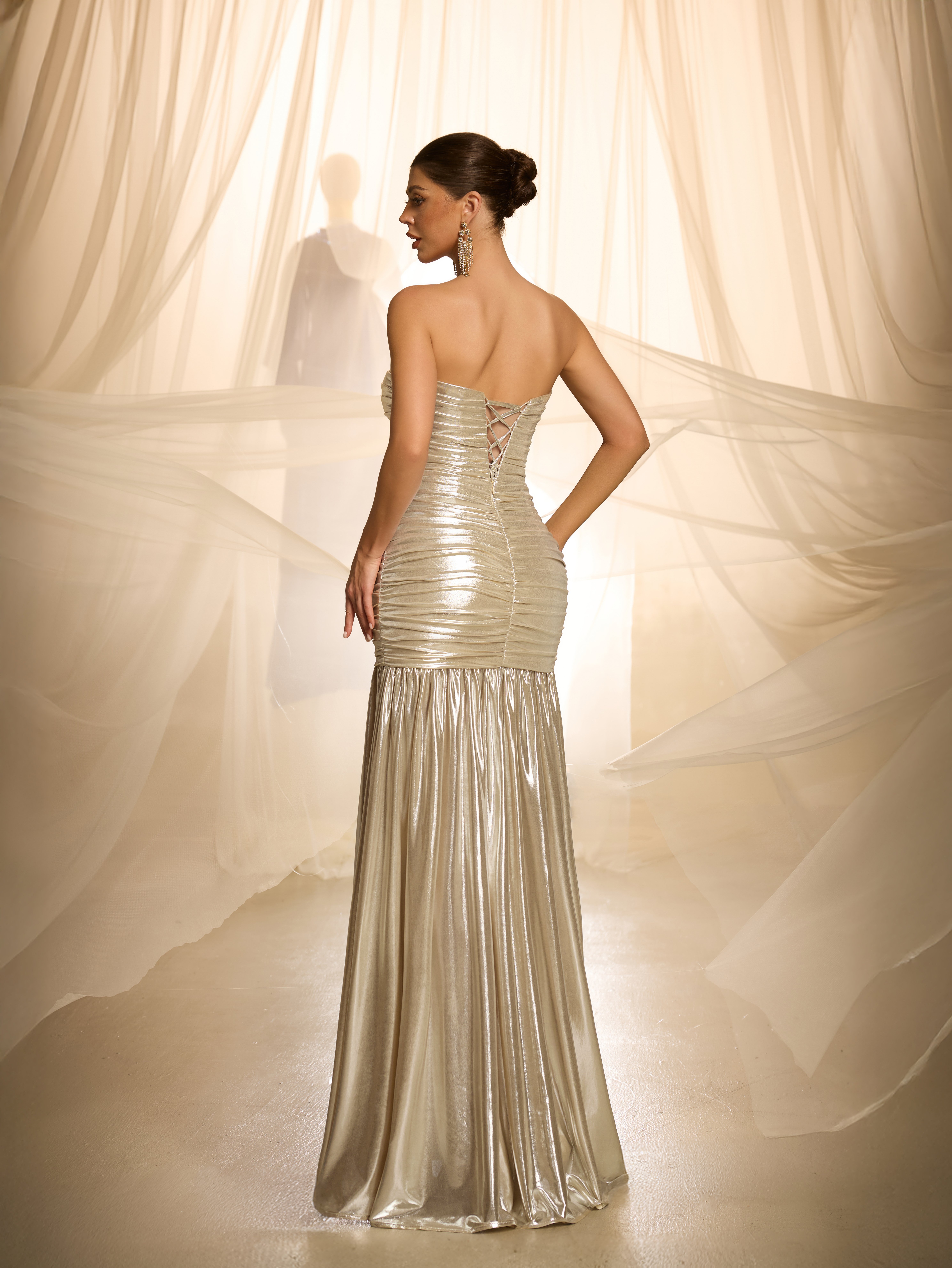 Gold Strapless Graphic Bodycon Maxi Dress