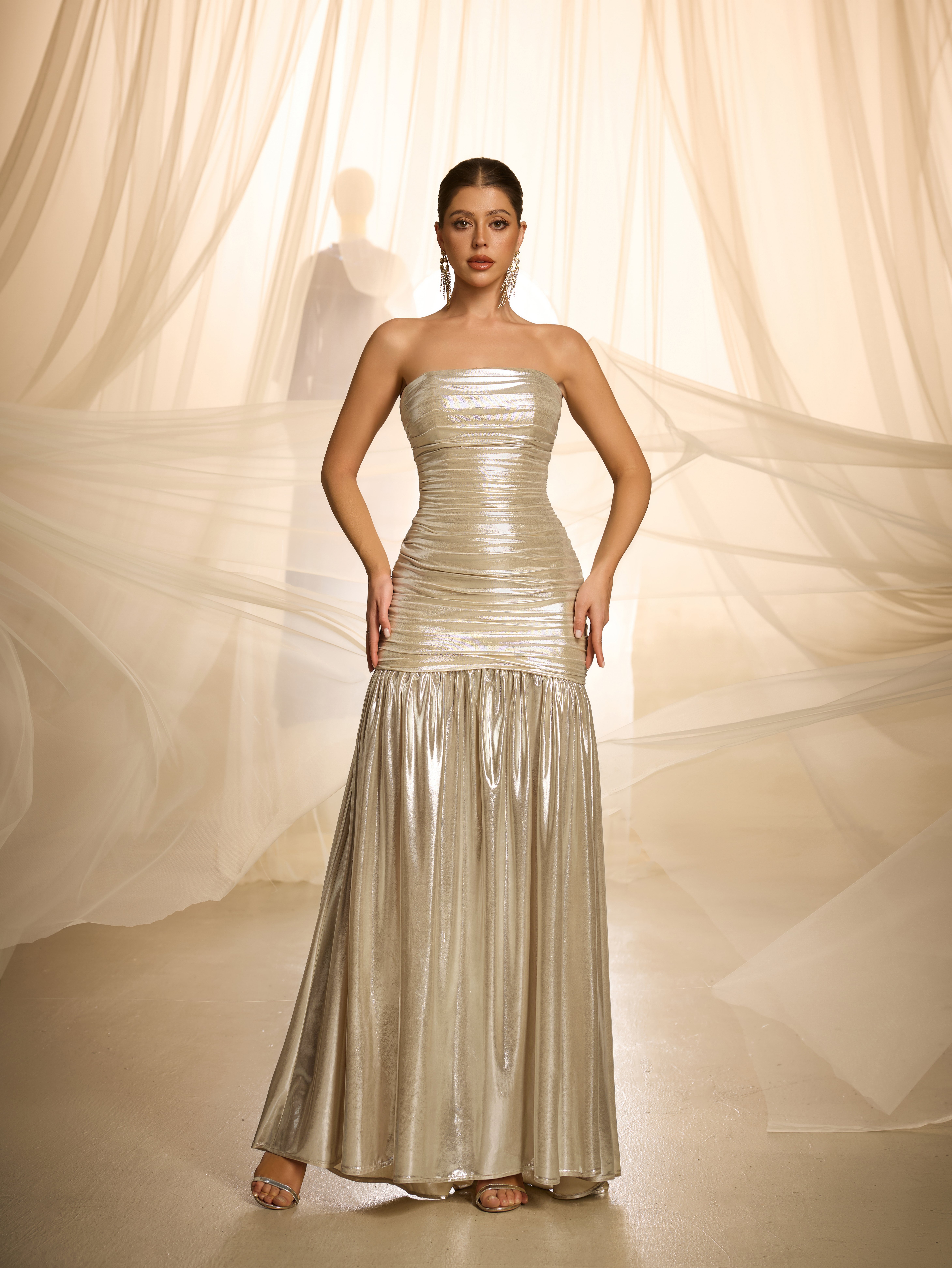 Gold Strapless Graphic Bodycon Maxi Dress