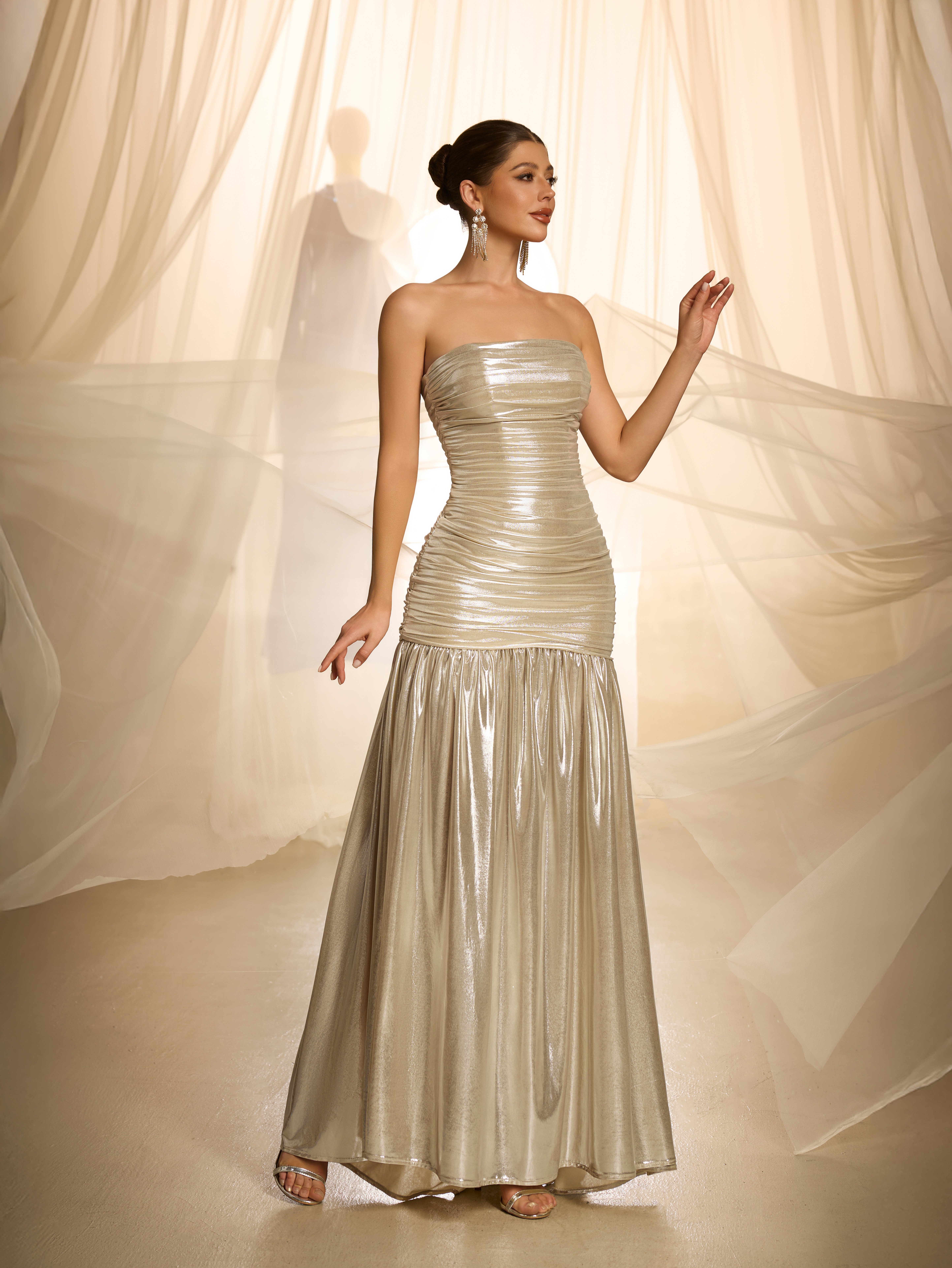 Gold Strapless Graphic Bodycon Maxi Dress