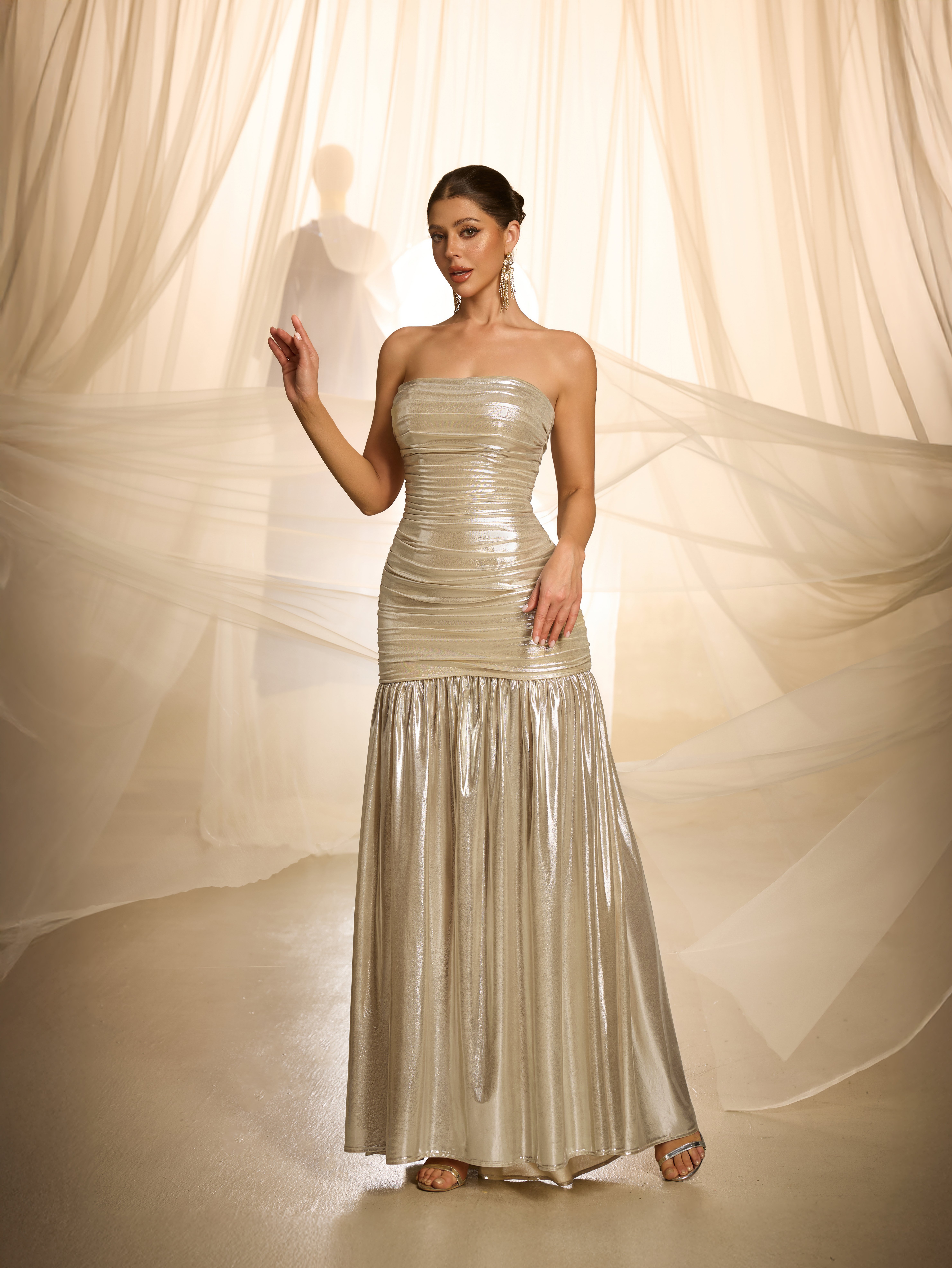 Gold Strapless Graphic Bodycon Maxi Dress