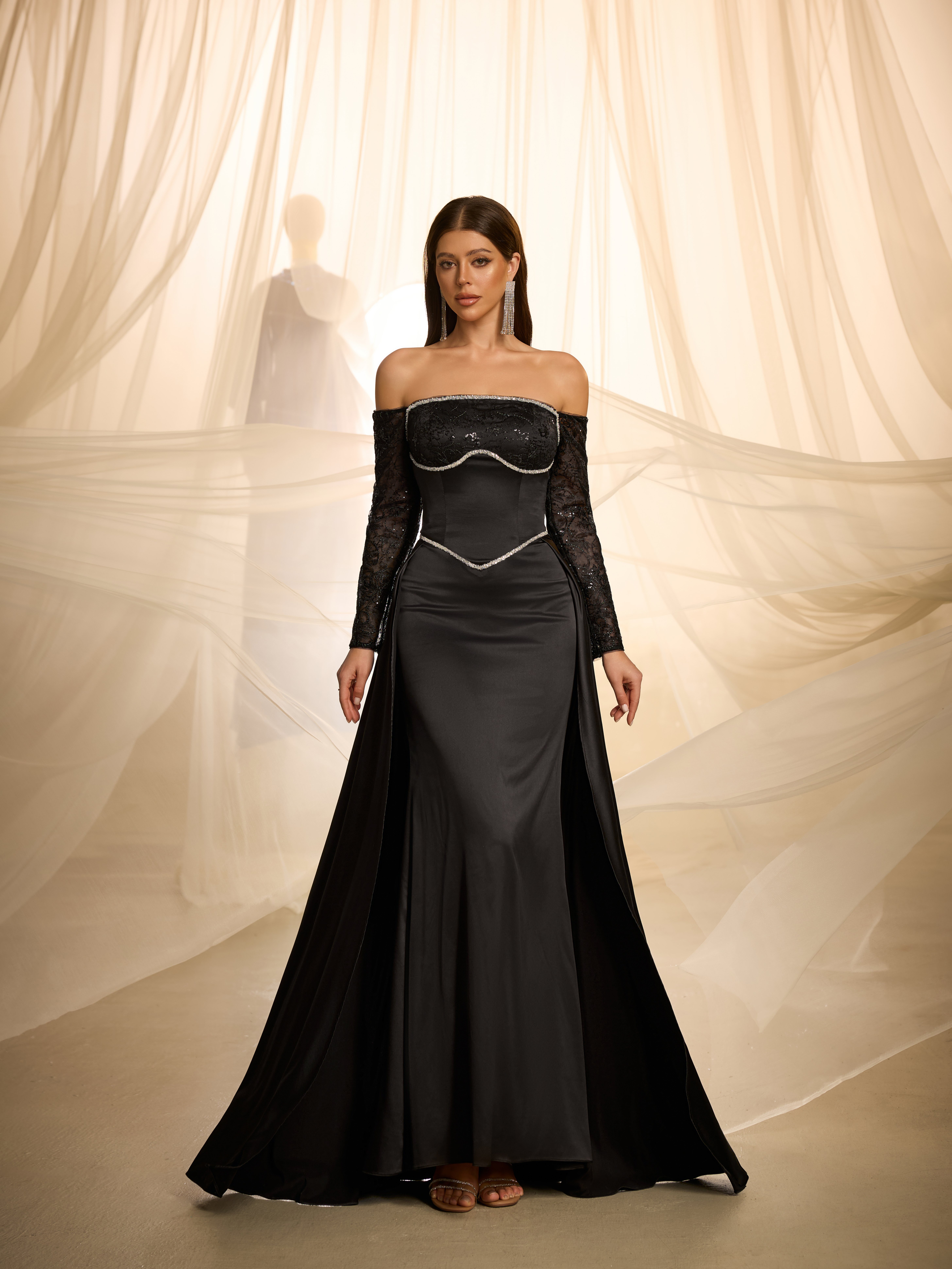 Black Embellished Maxi Bodycon Dress with Long Sleeves