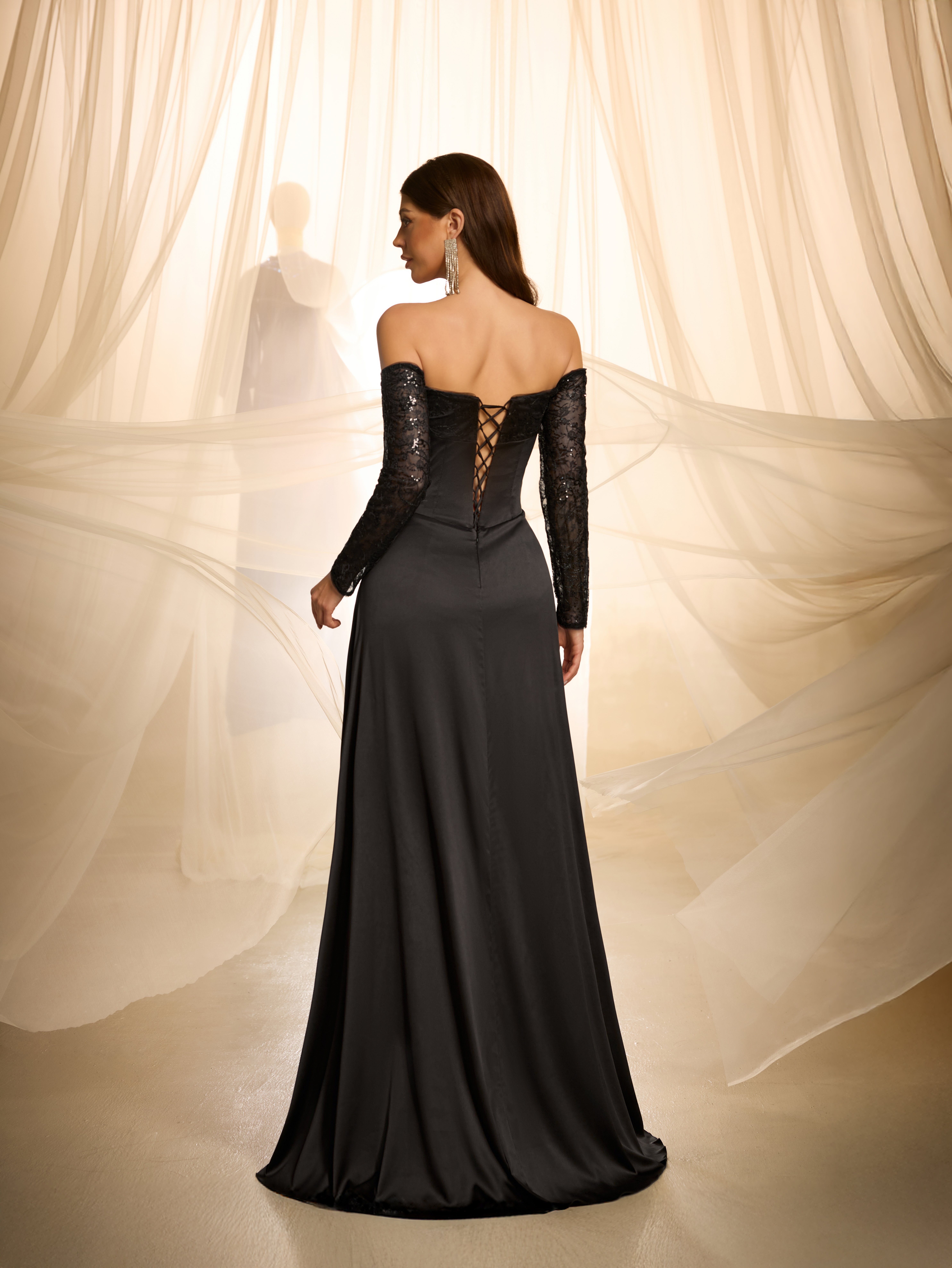 Black Embellished Maxi Bodycon Dress with Long Sleeves