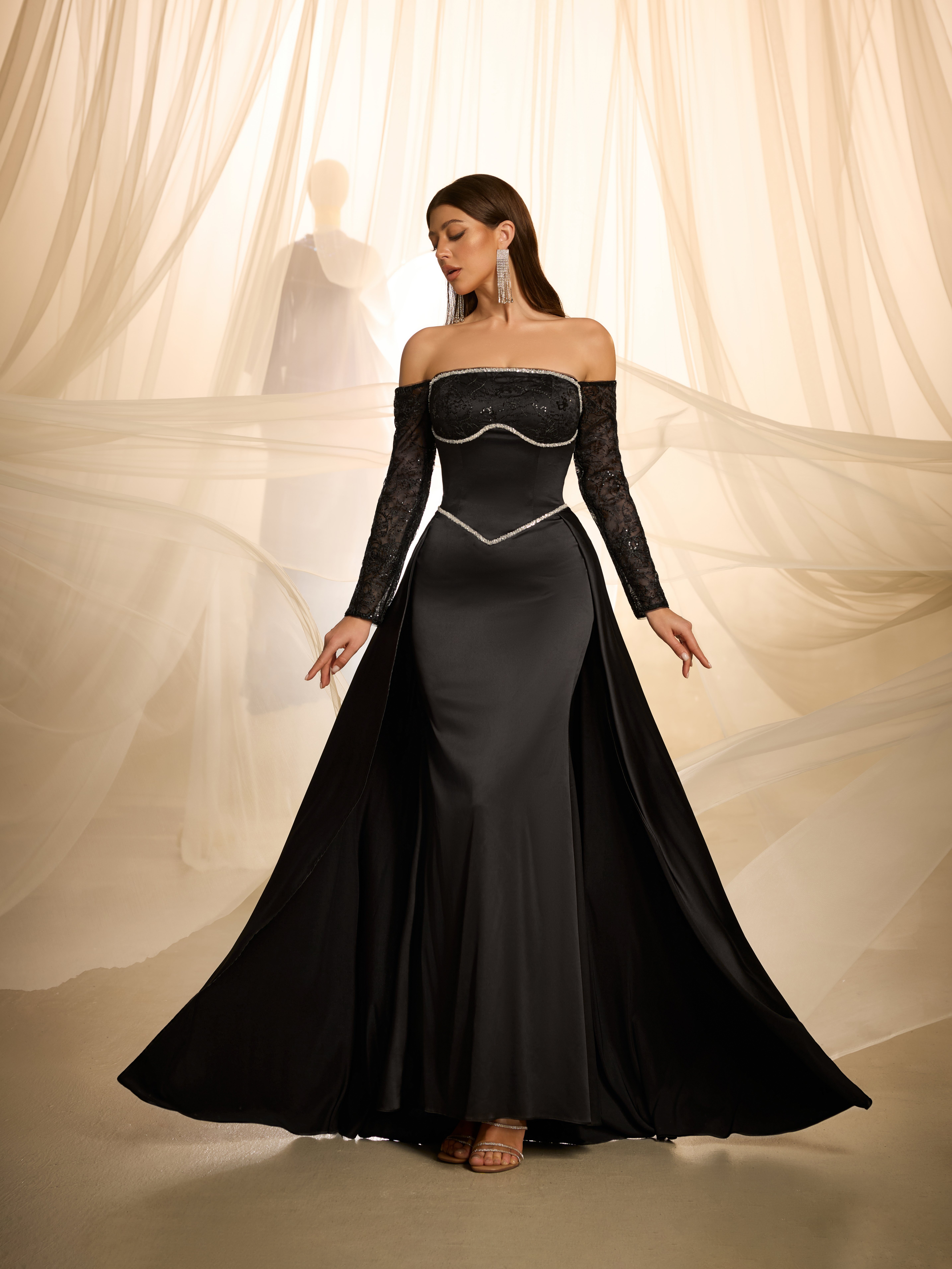Black Embellished Maxi Bodycon Dress with Long Sleeves