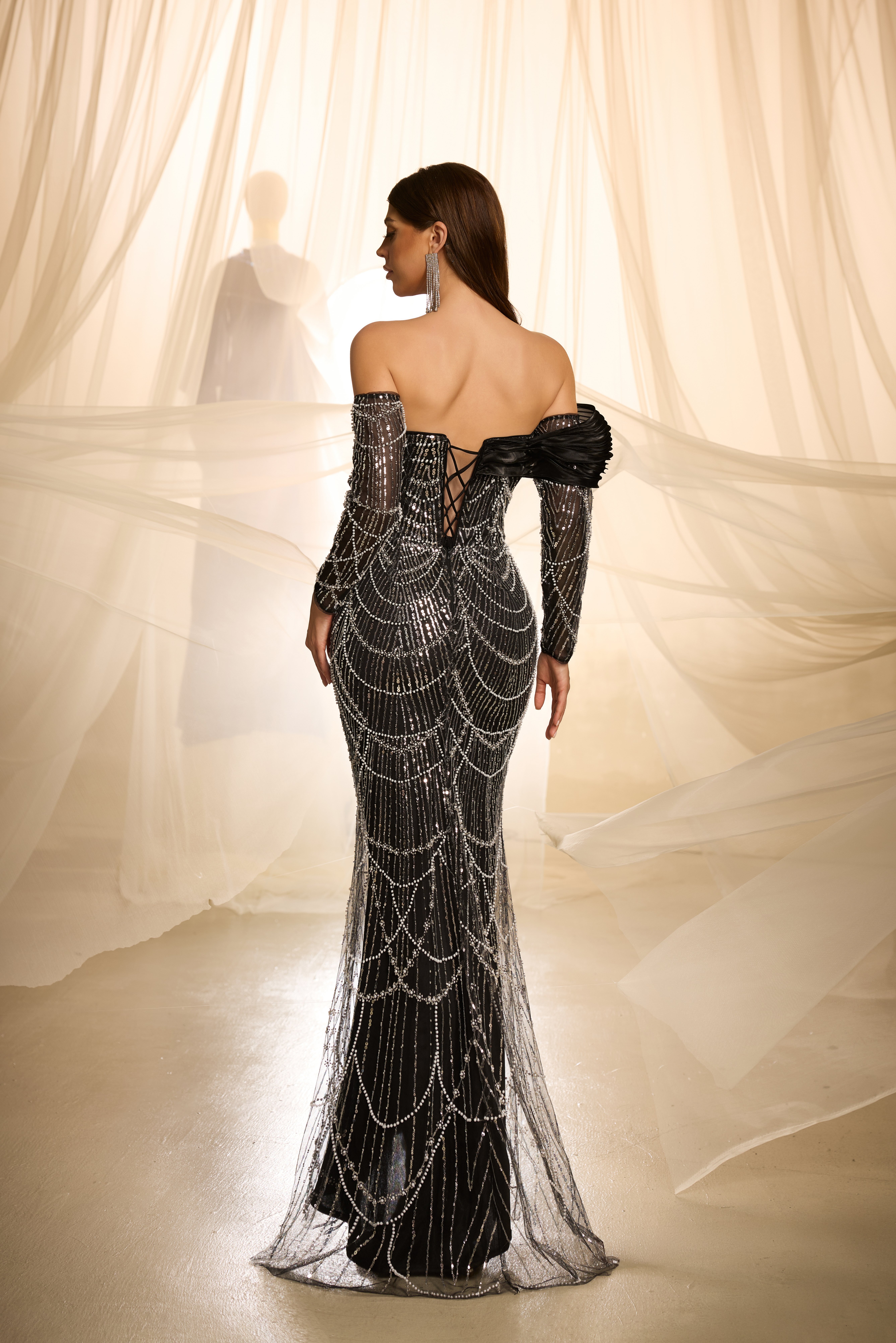 Black Embroidered Bodycon Maxi Dress with Long Sleeves