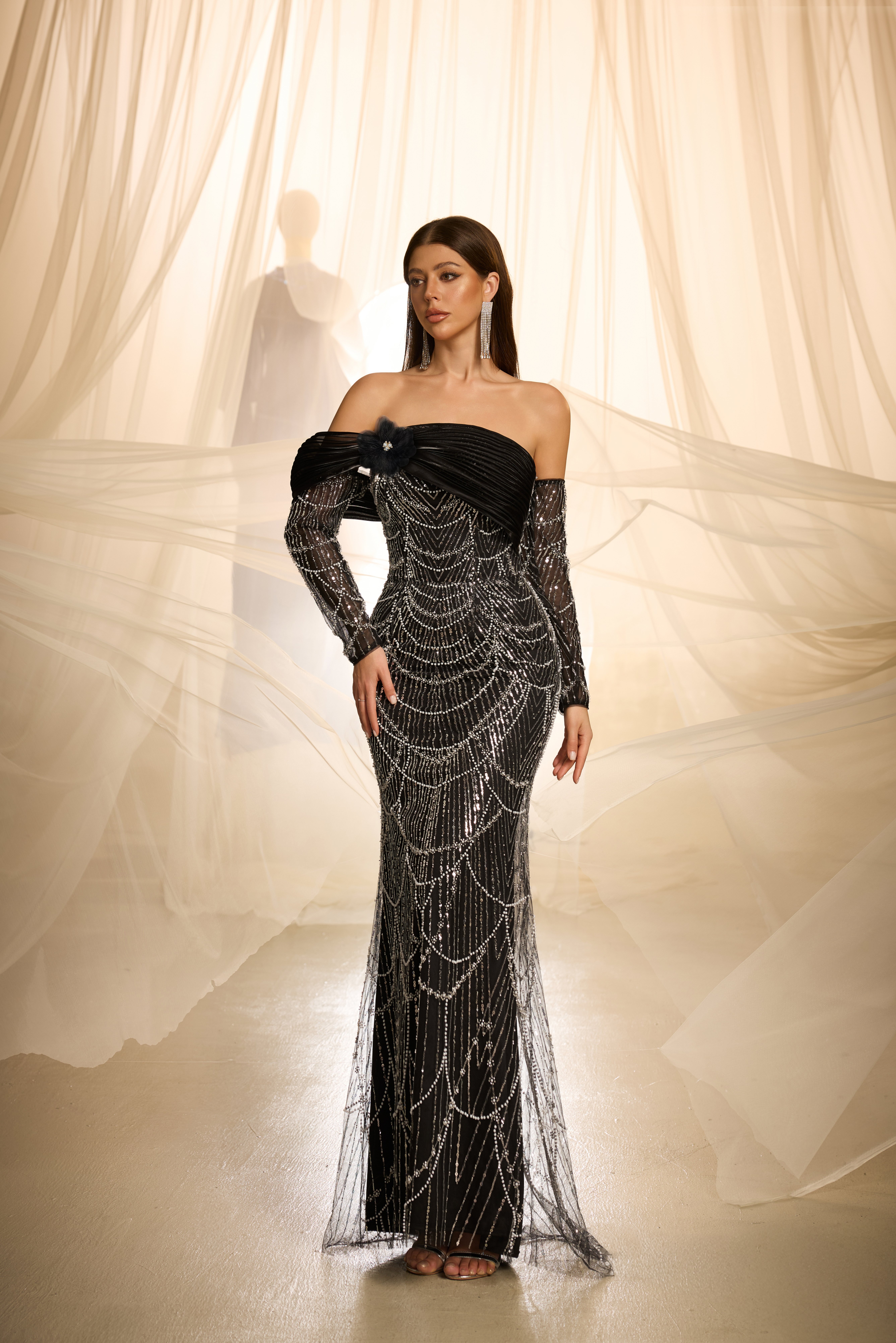Black Embroidered Bodycon Maxi Dress with Long Sleeves