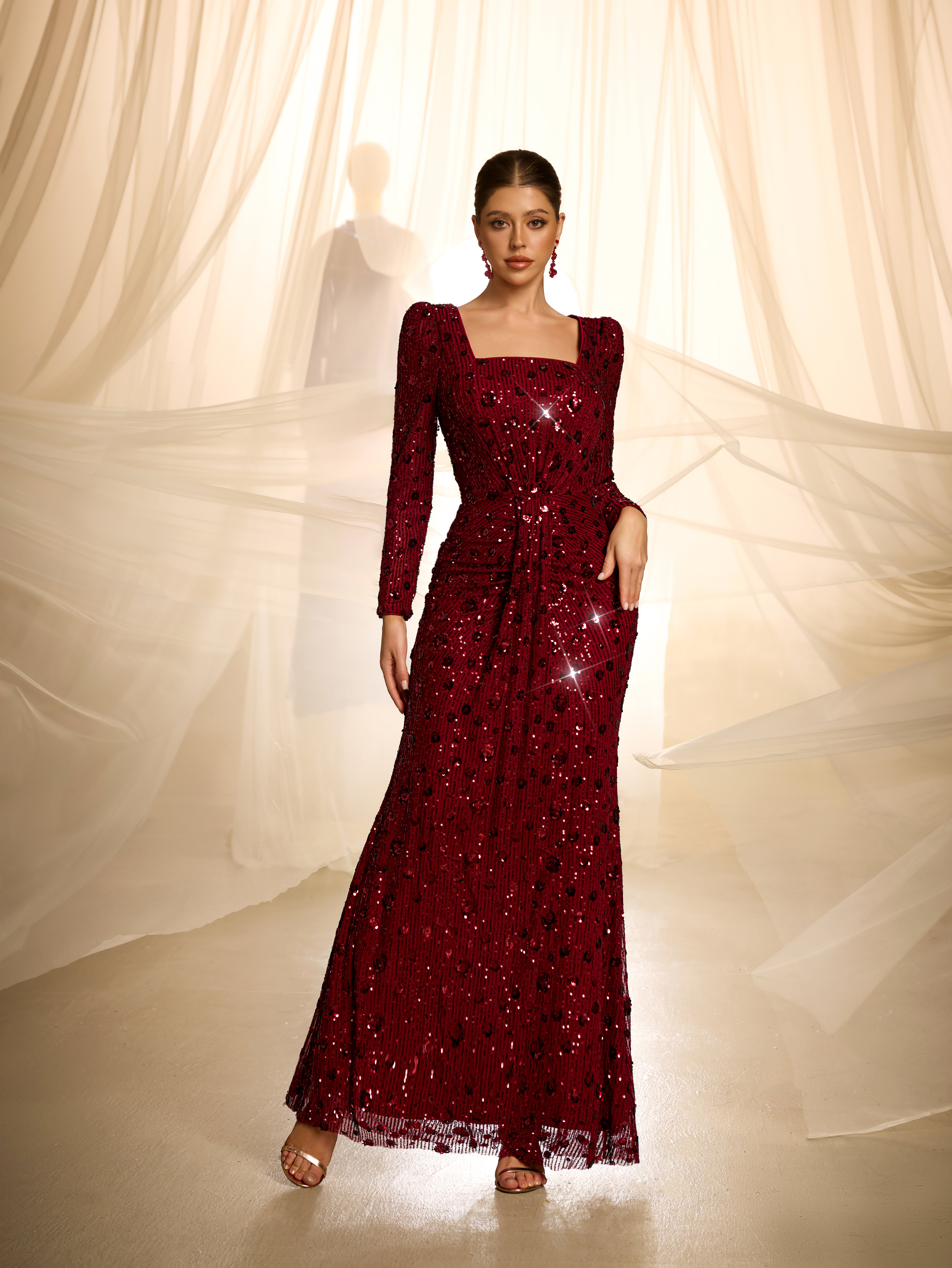 Burgundy Embroidered Bodycon Maxi Dress with Long Sleeves