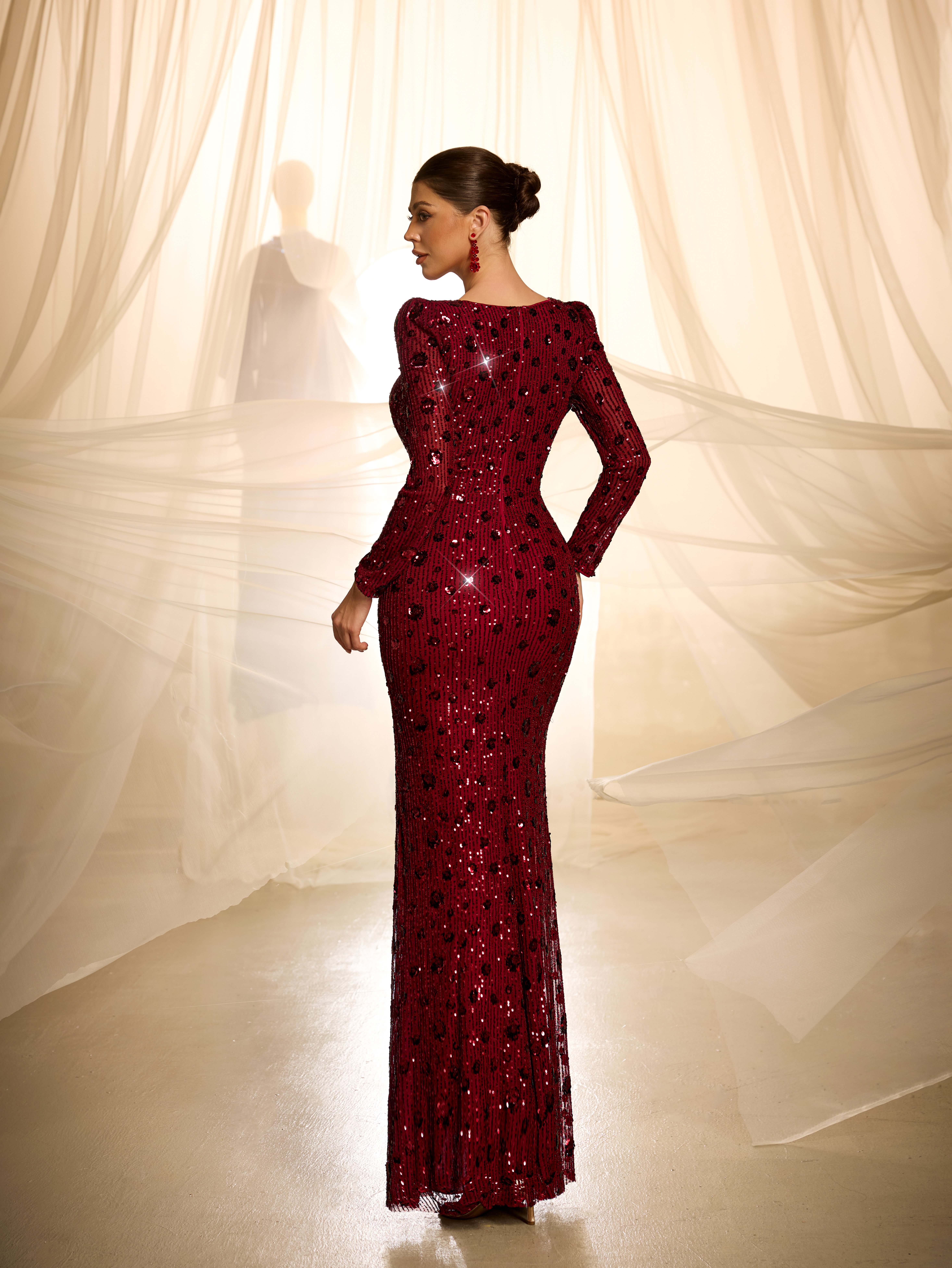 Burgundy Embroidered Bodycon Maxi Dress with Long Sleeves