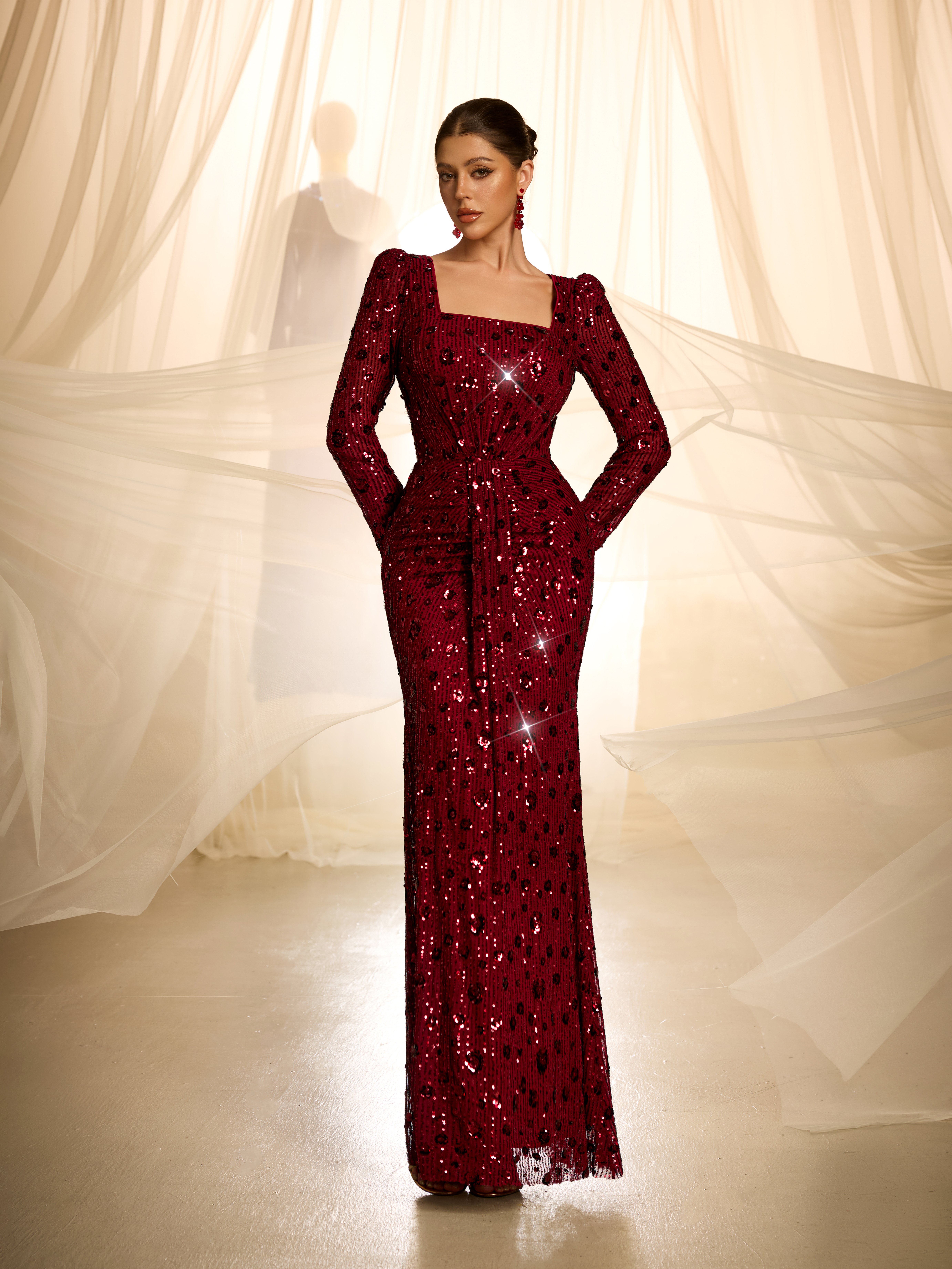 Burgundy Embroidered Bodycon Maxi Dress with Long Sleeves