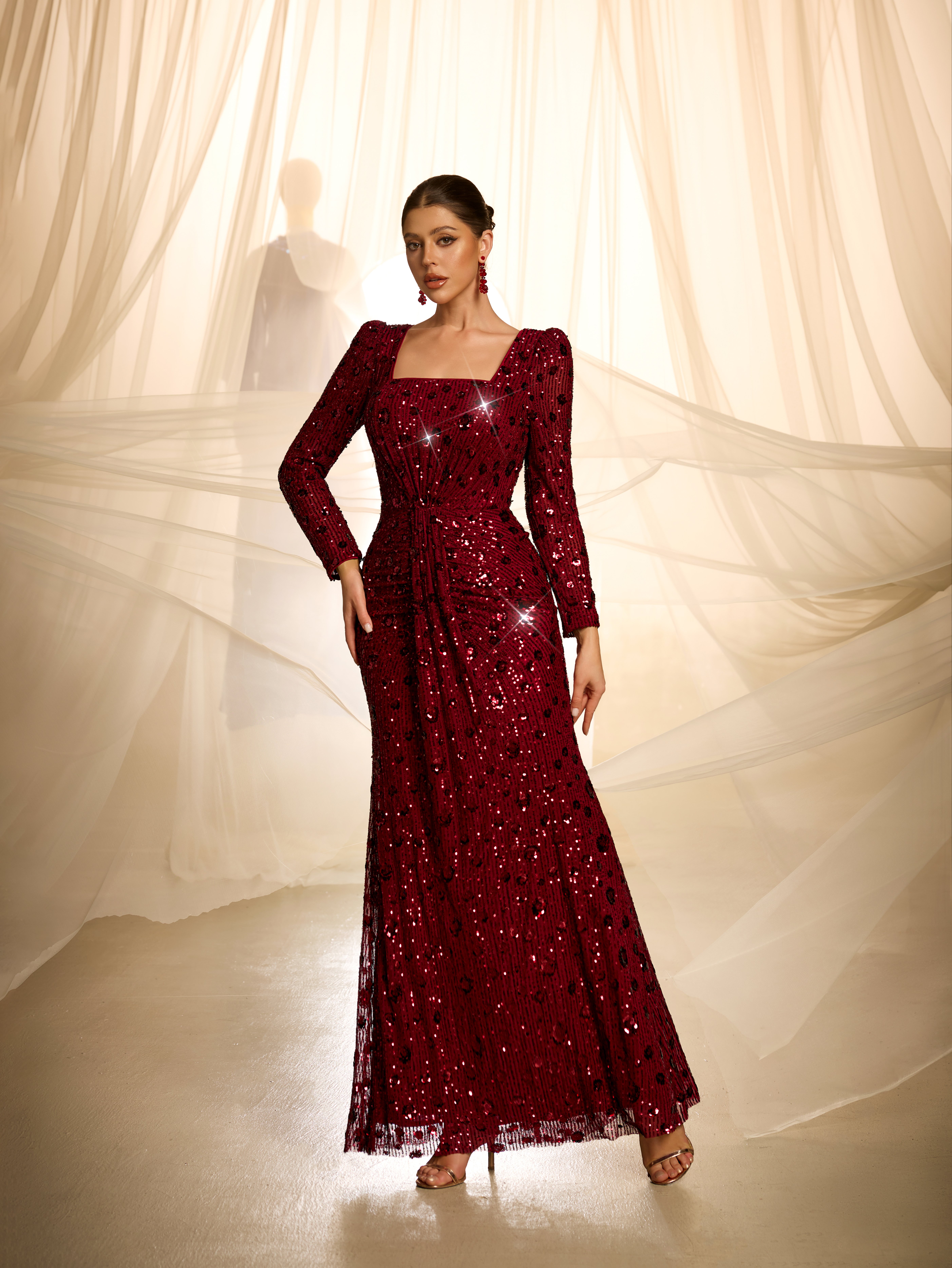 Burgundy Embroidered Bodycon Maxi Dress with Long Sleeves