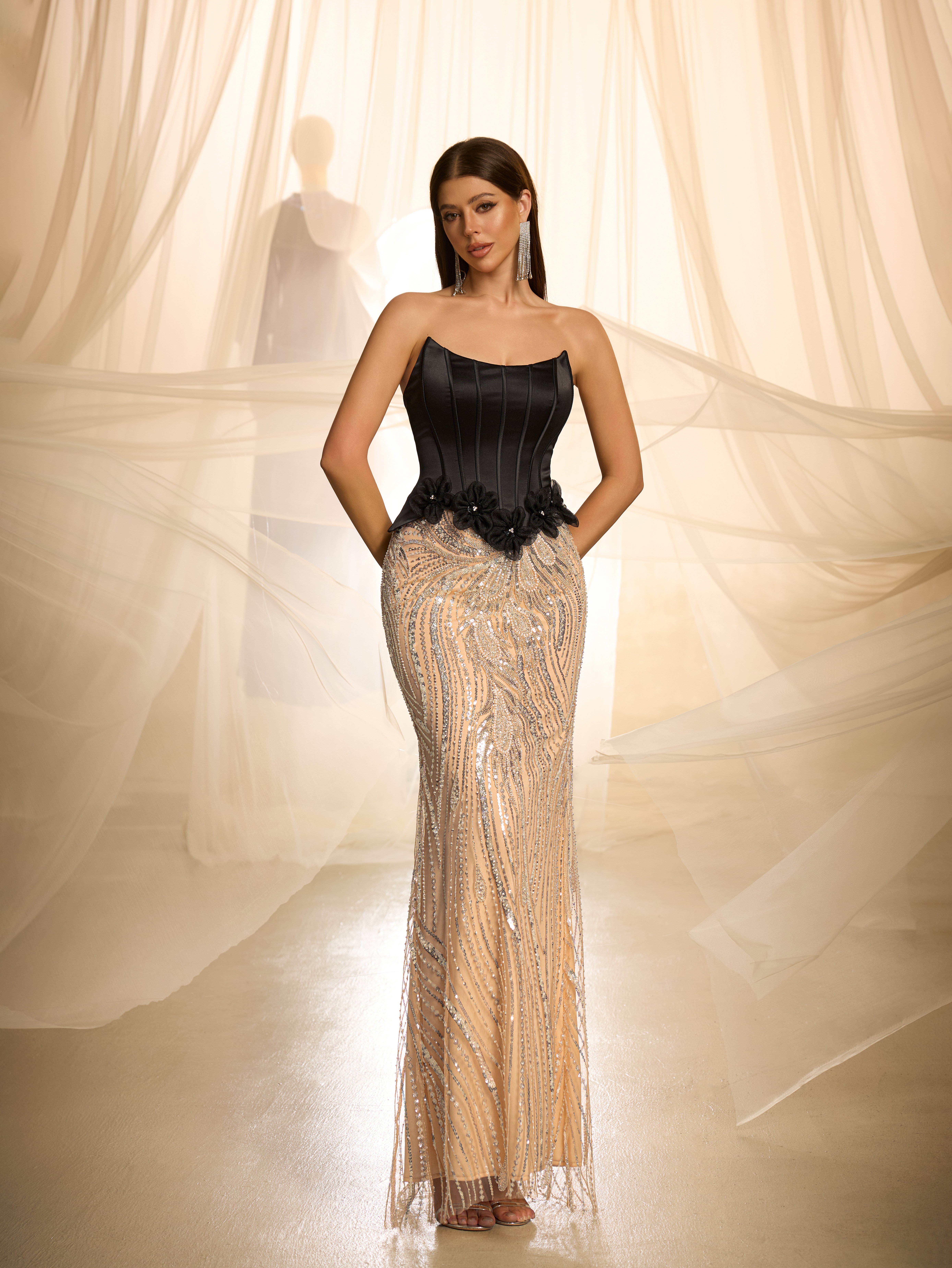 Embroidered Sequin Bodycon Maxi Dress