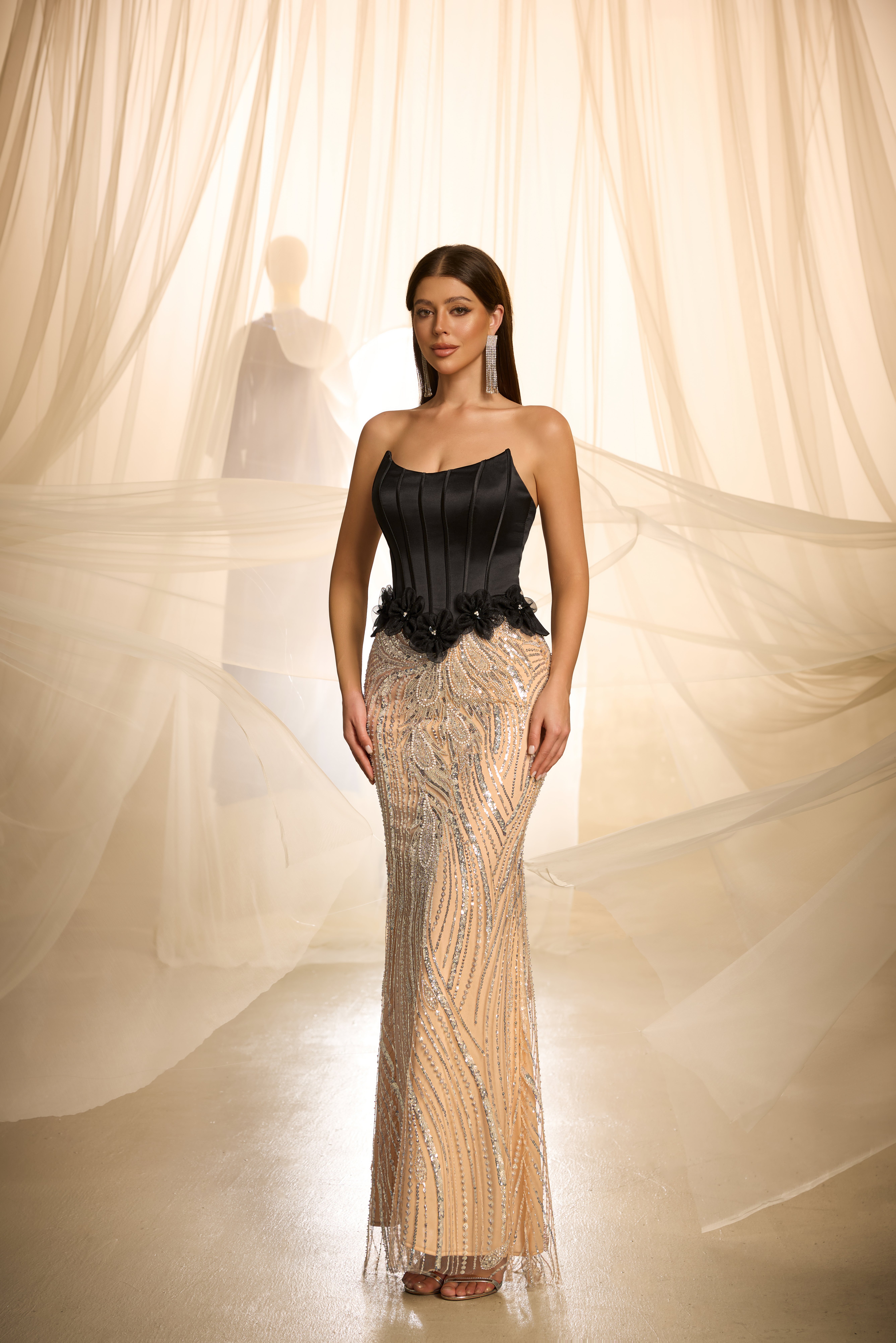 Embroidered Sequin Bodycon Maxi Dress