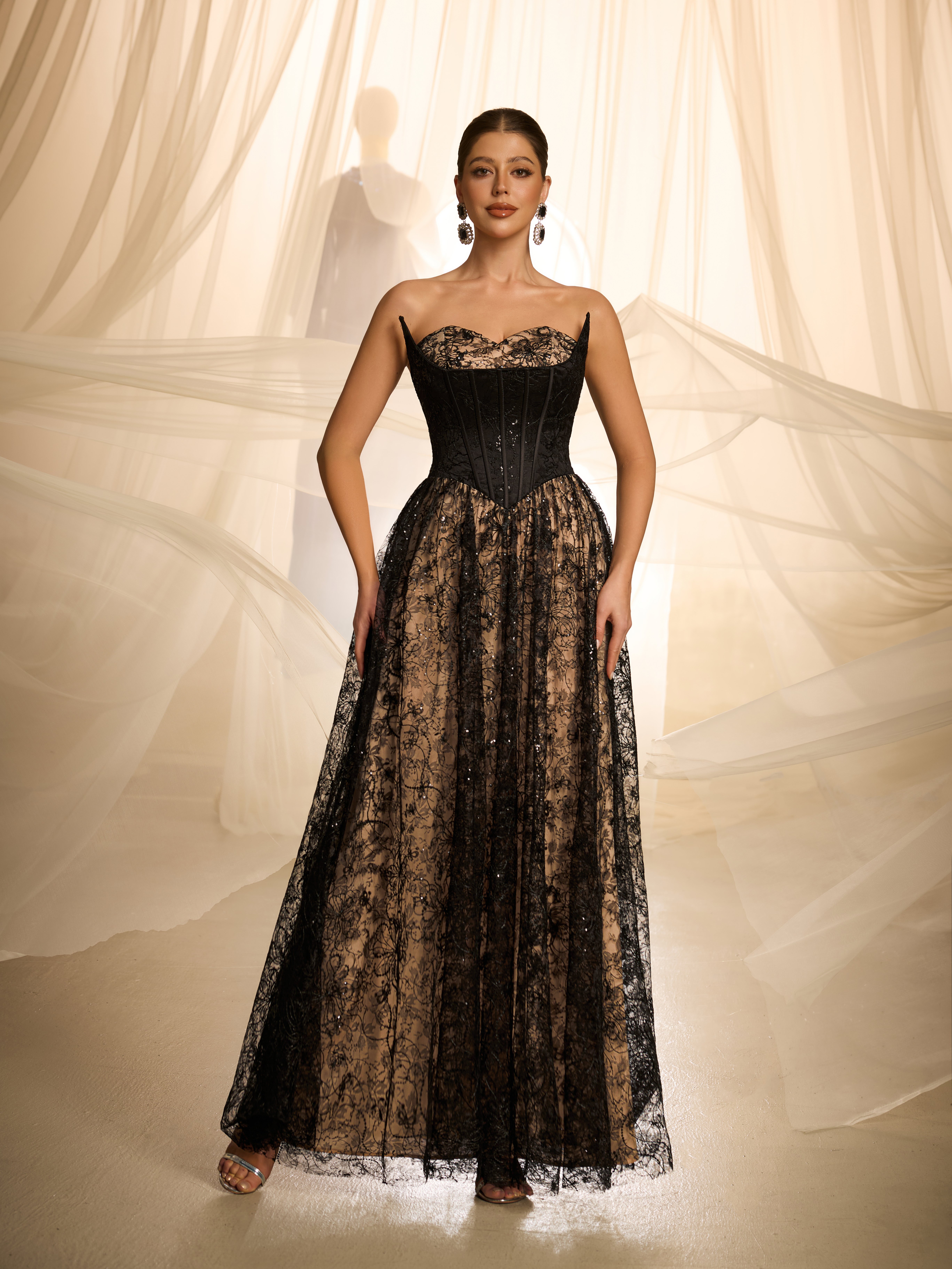 Black Lace Sleeveless A-Line Maxi Dress