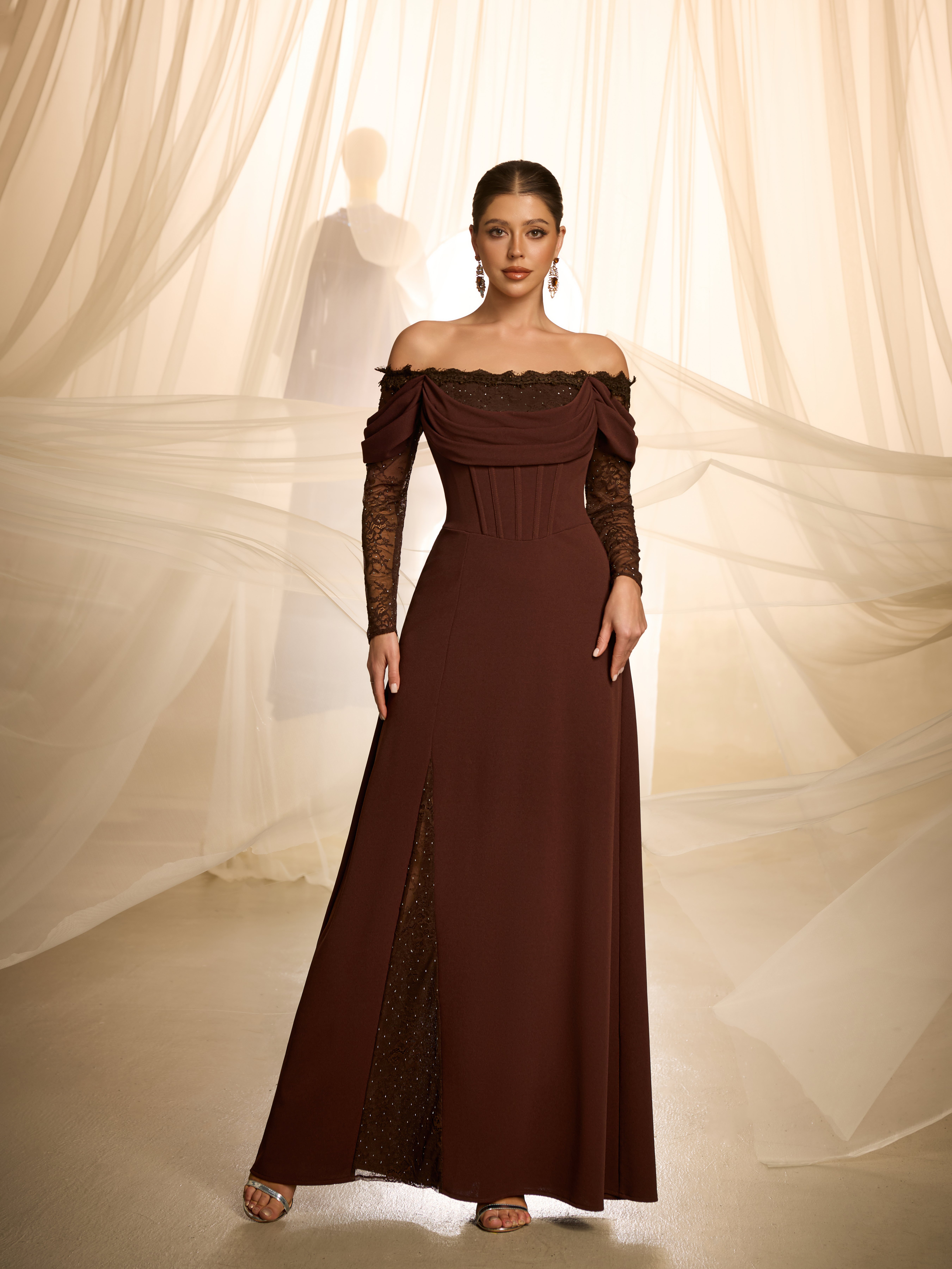 Coffee Brown Floral Maxi Dress with Long Sleeves