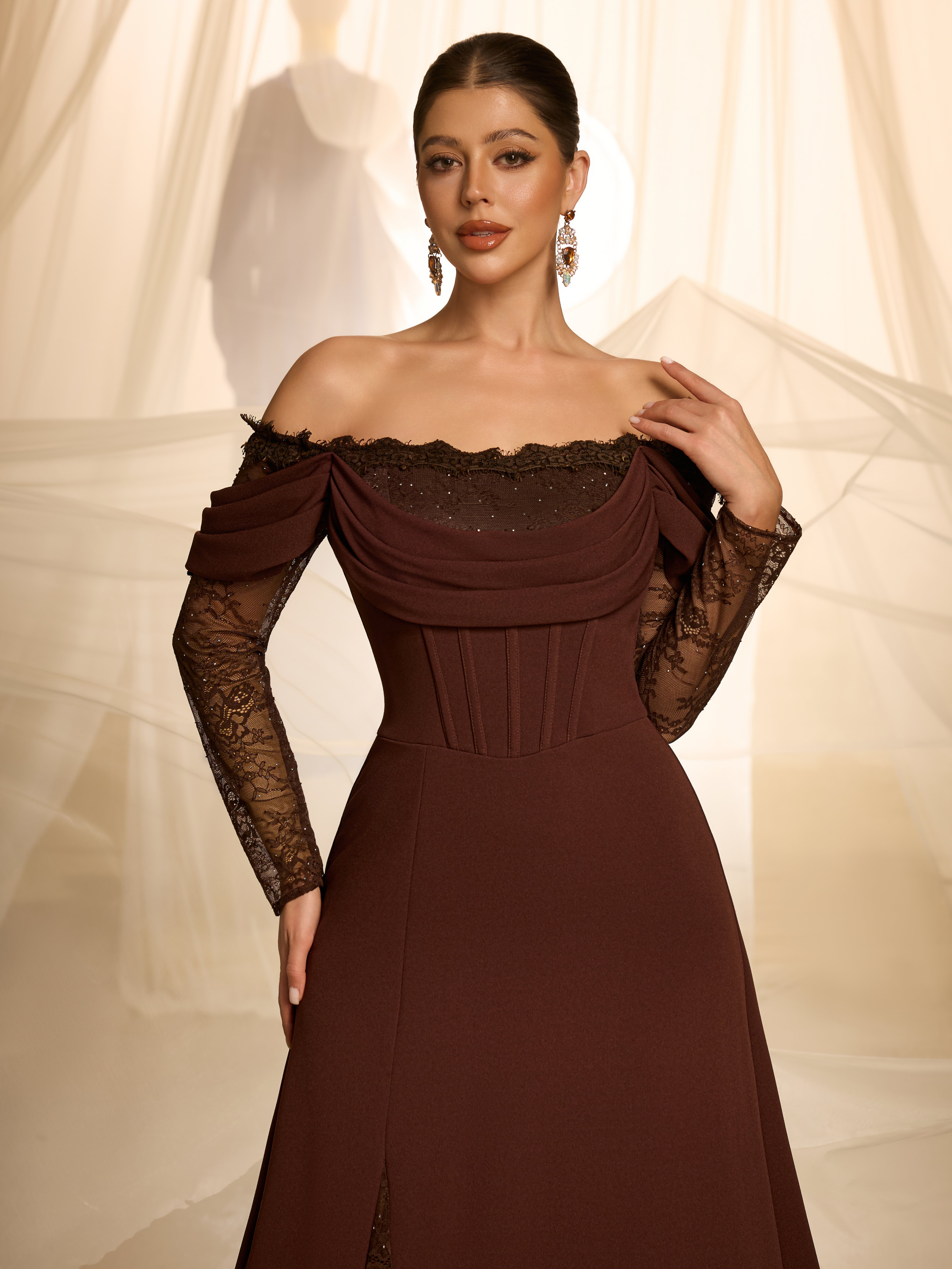 Coffee Brown Floral Maxi Dress with Long Sleeves