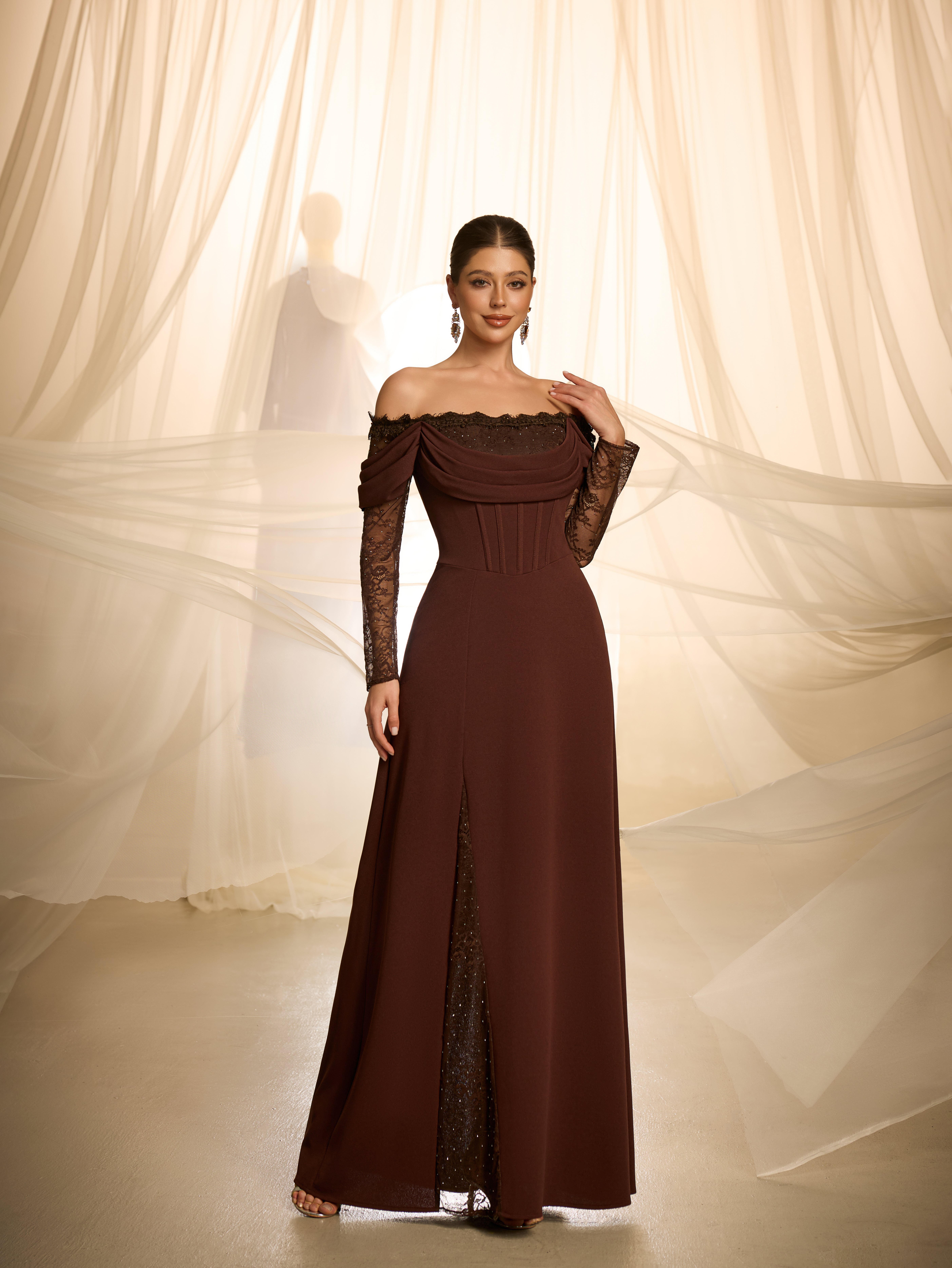 Coffee Brown Floral Maxi Dress with Long Sleeves