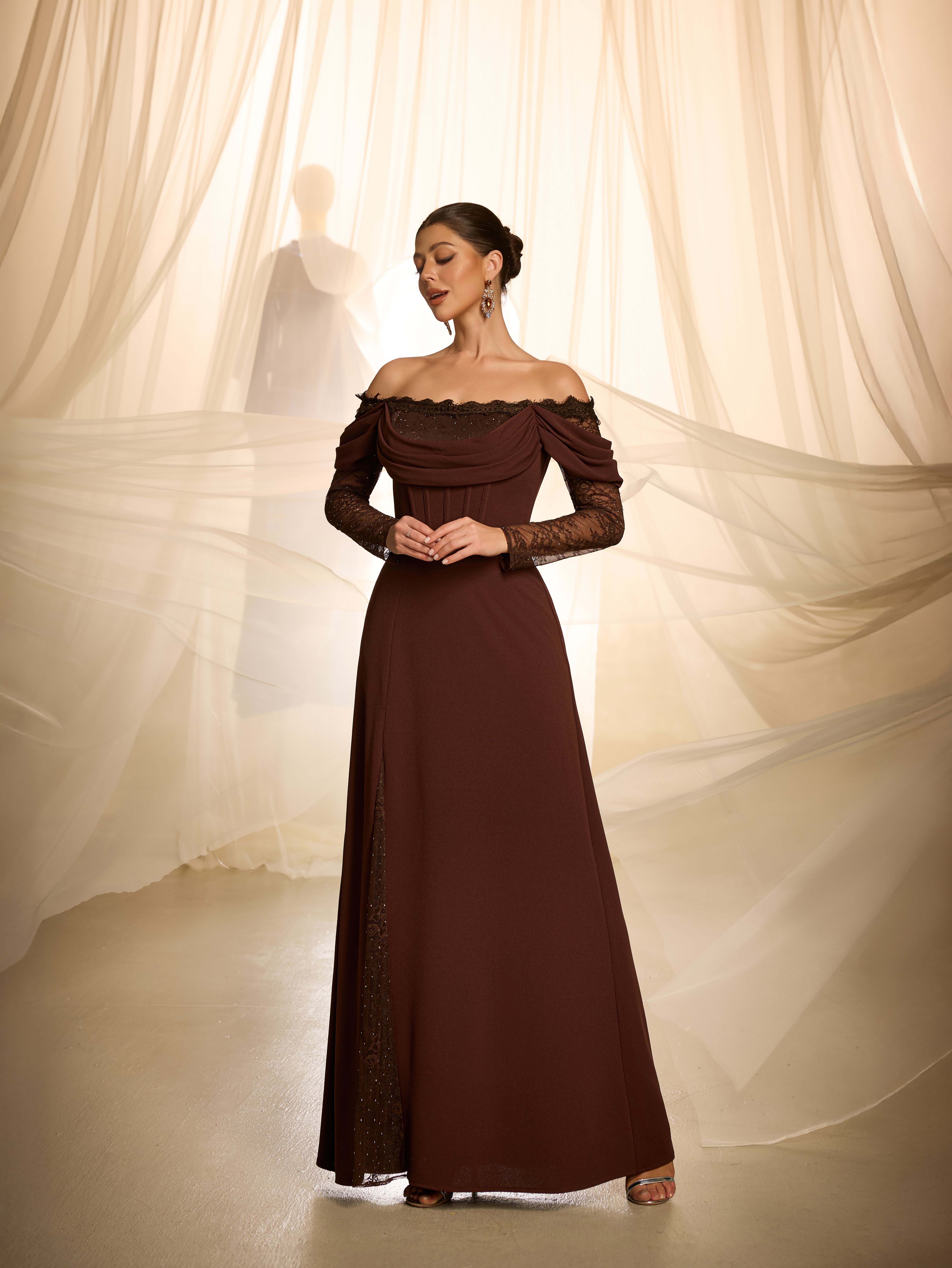 Coffee Brown Floral Maxi Dress with Long Sleeves