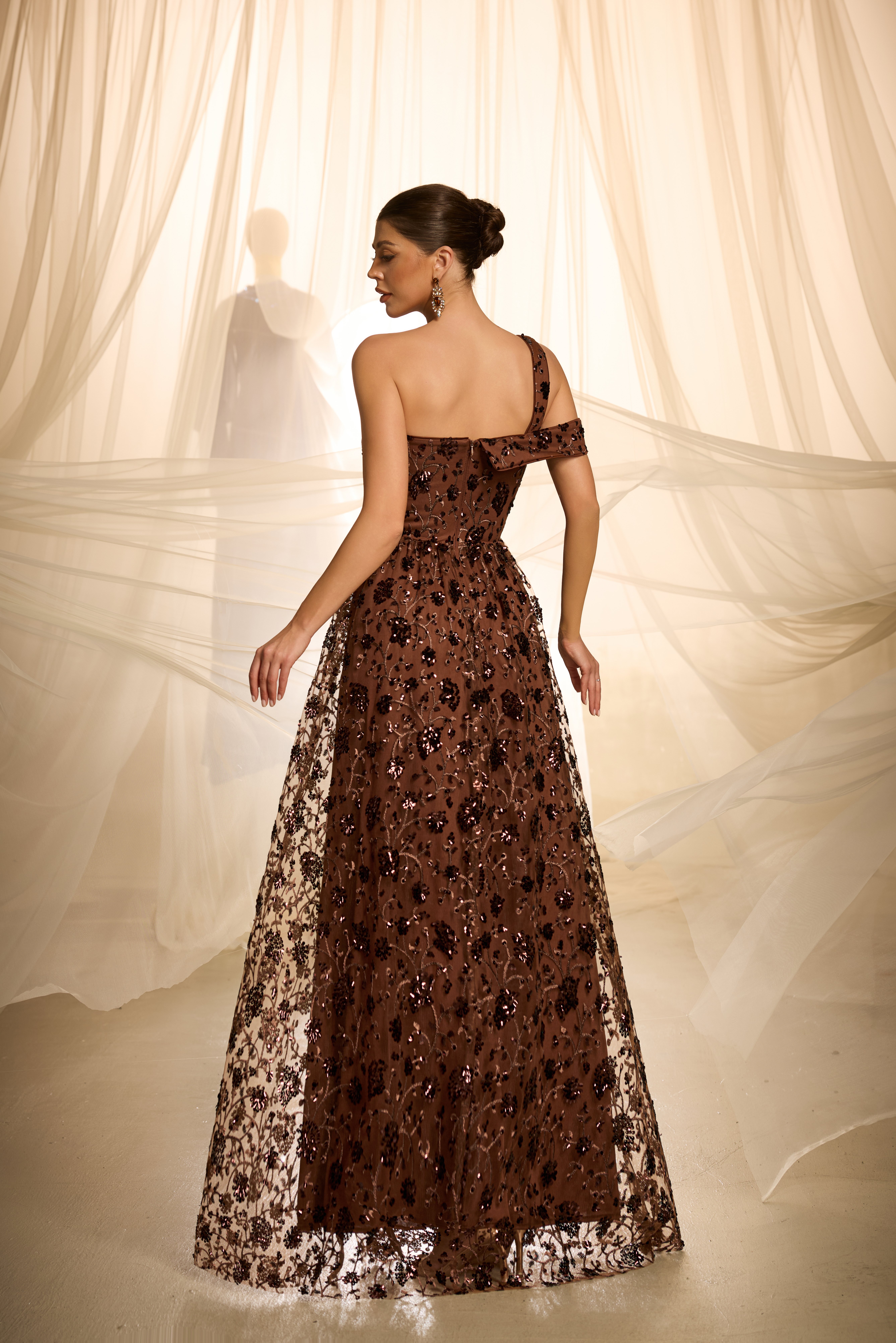 Coffee Brown Embroidered One-Sleeve Maxi A-Line Dress