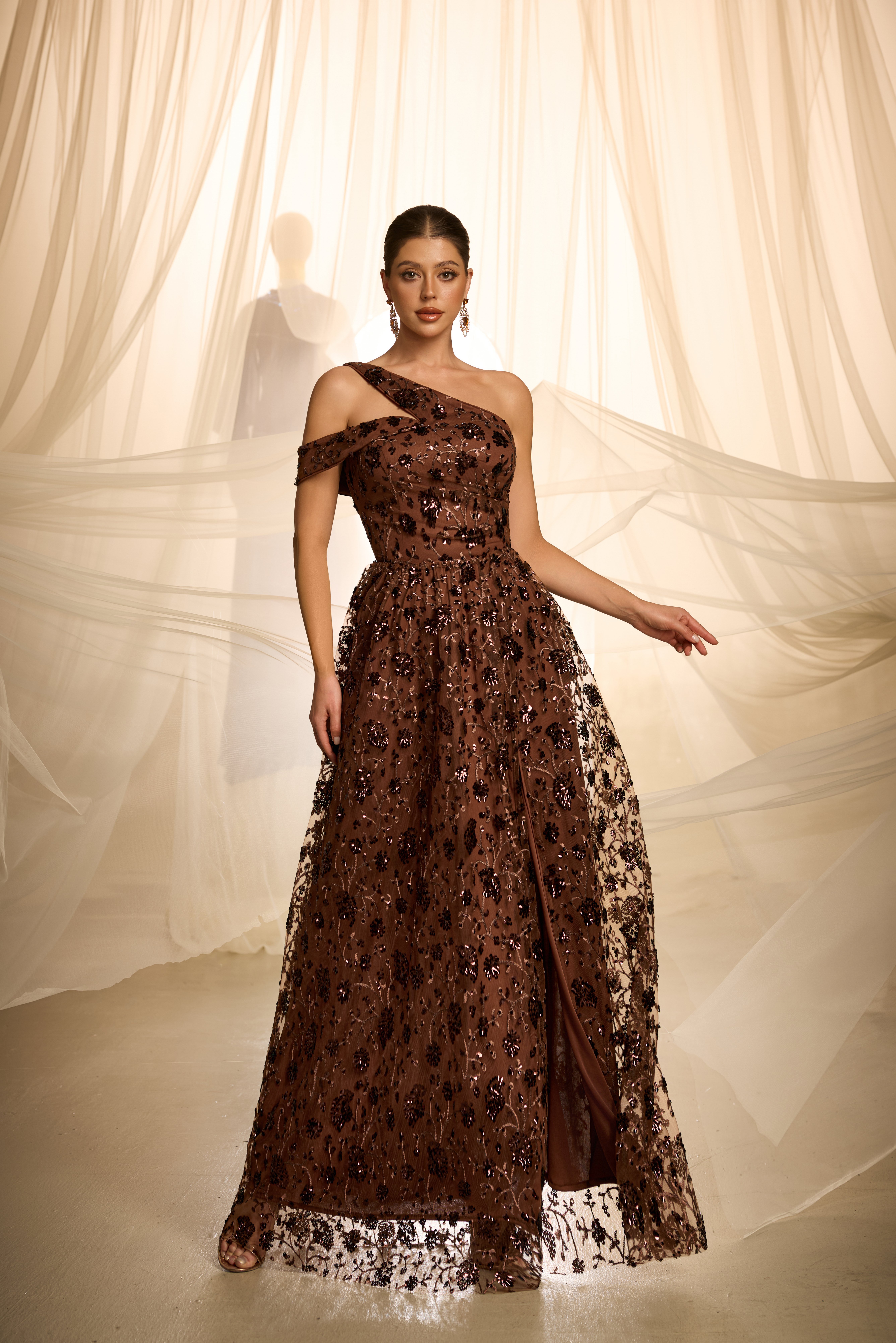 Coffee Brown Embroidered One-Sleeve Maxi A-Line Dress