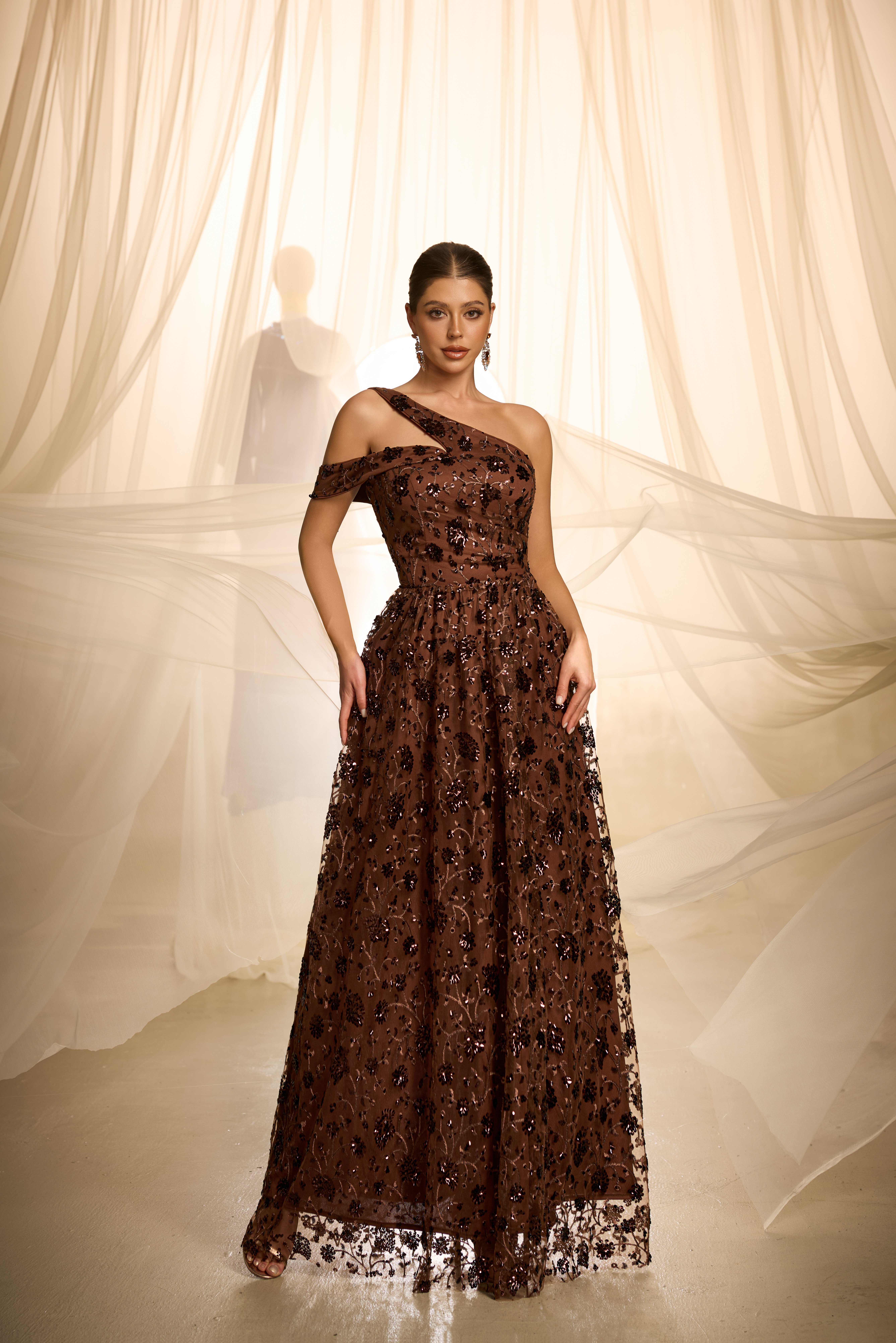 Coffee Brown Embroidered One-Sleeve Maxi A-Line Dress