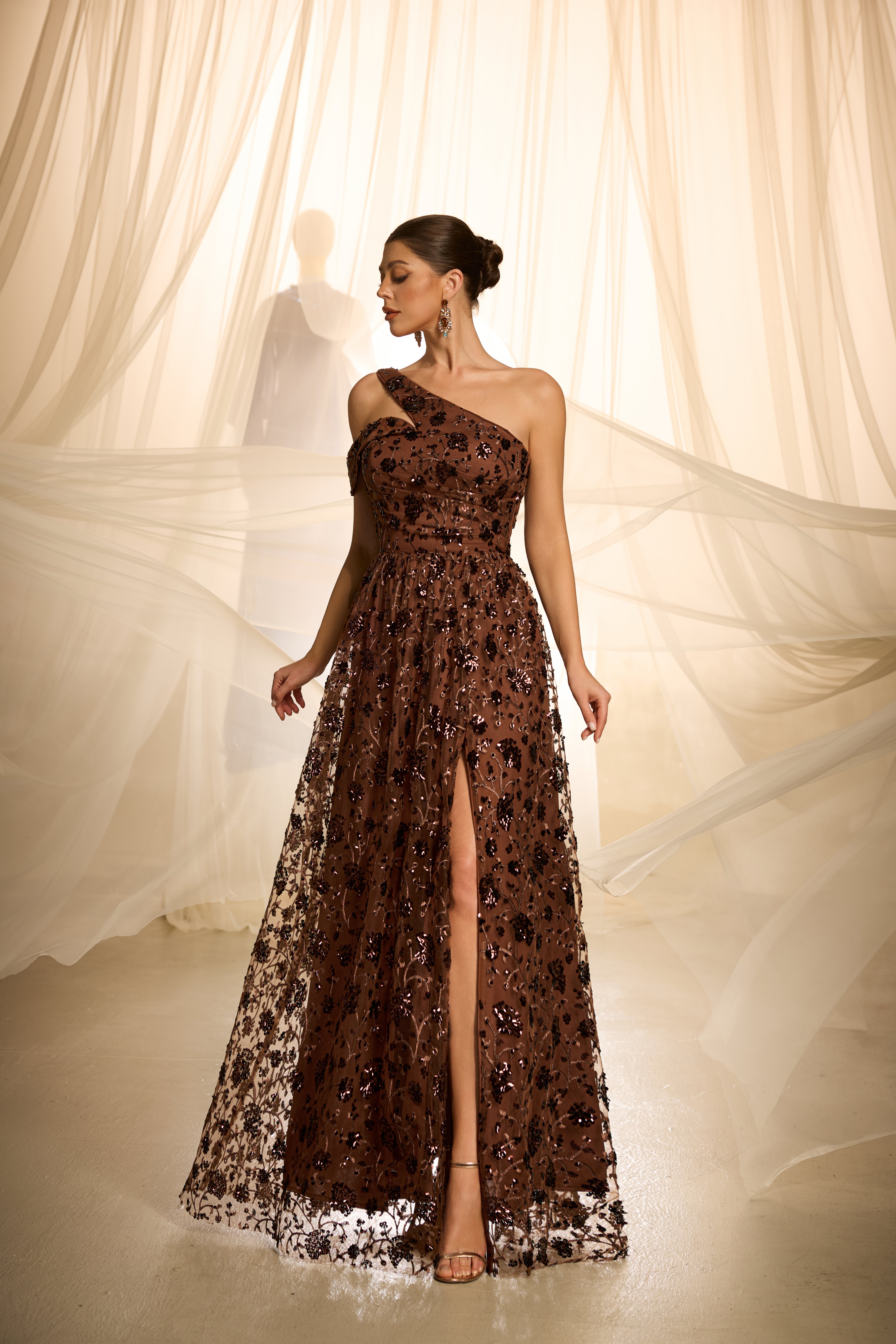 Coffee Brown Embroidered One-Sleeve Maxi A-Line Dress
