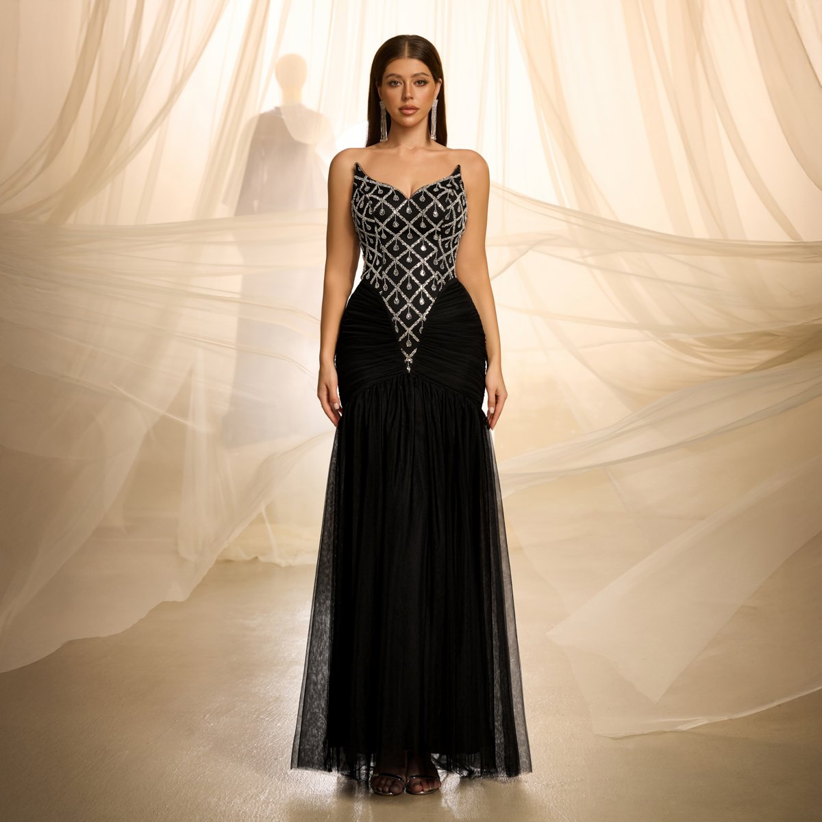 Black Embroidered Sleeveless Maxi Dress