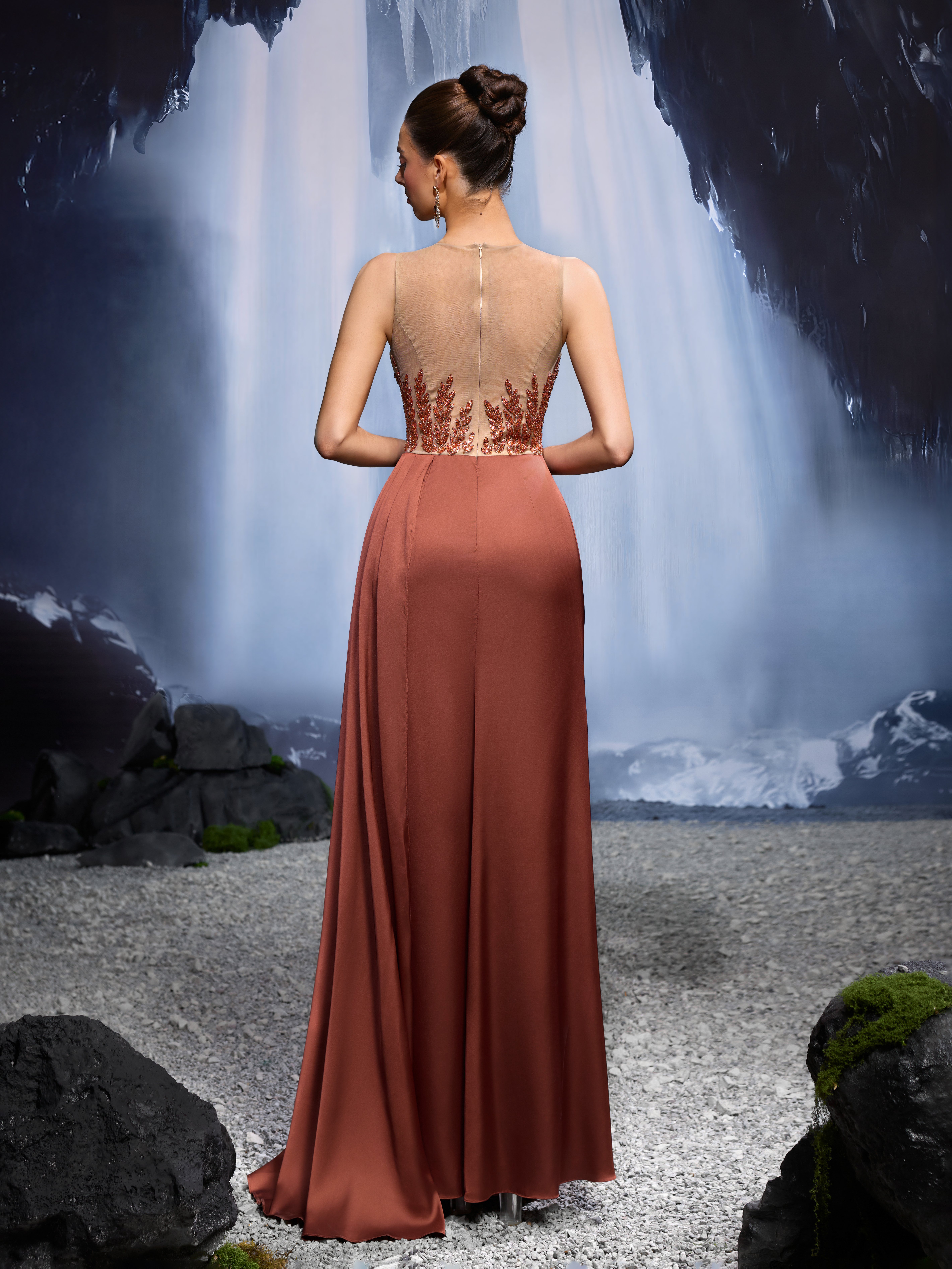Coffee Brown Embroidered Sleeveless Sheath Maxi Dress