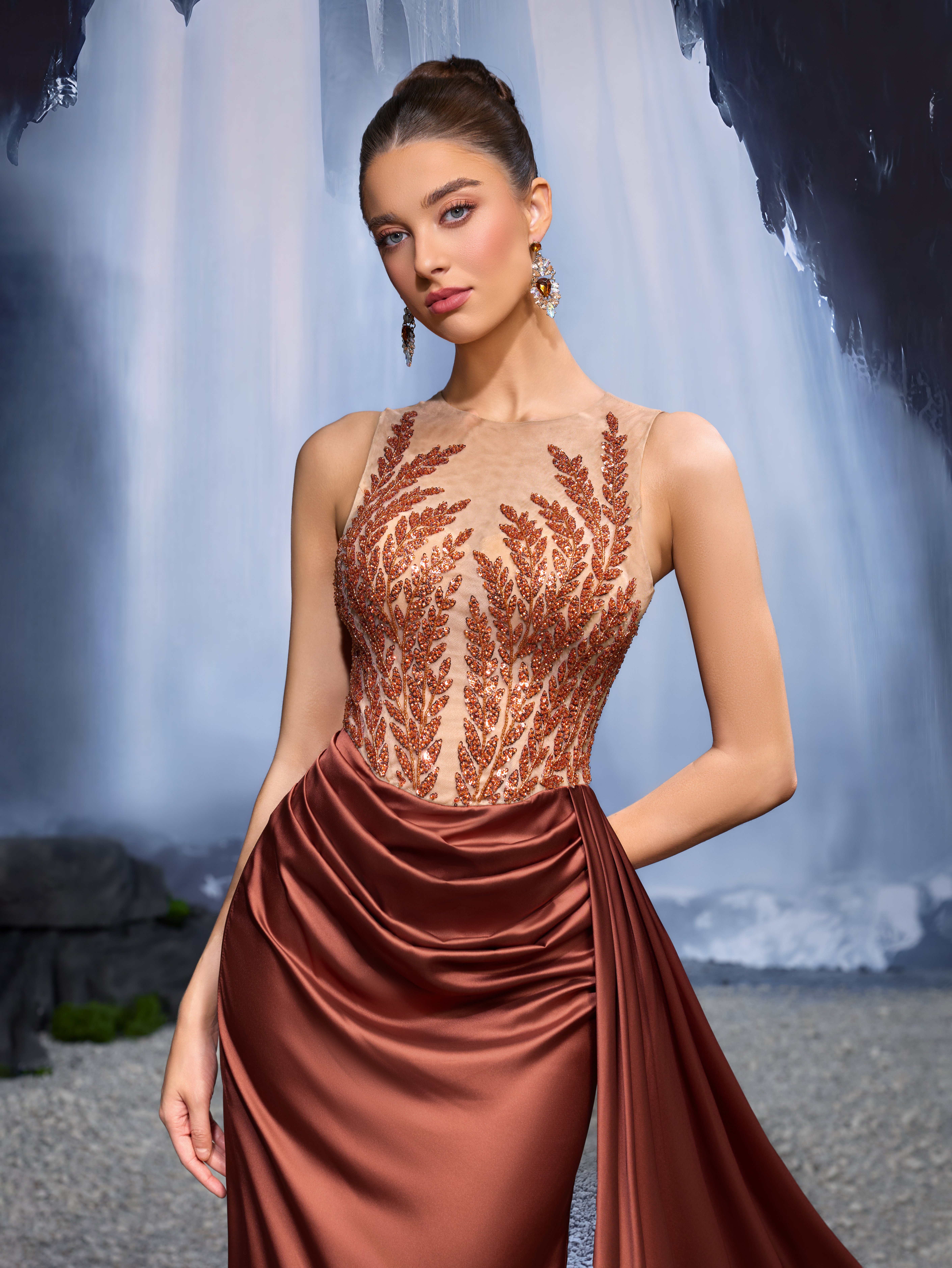 Coffee Brown Embroidered Sleeveless Sheath Maxi Dress