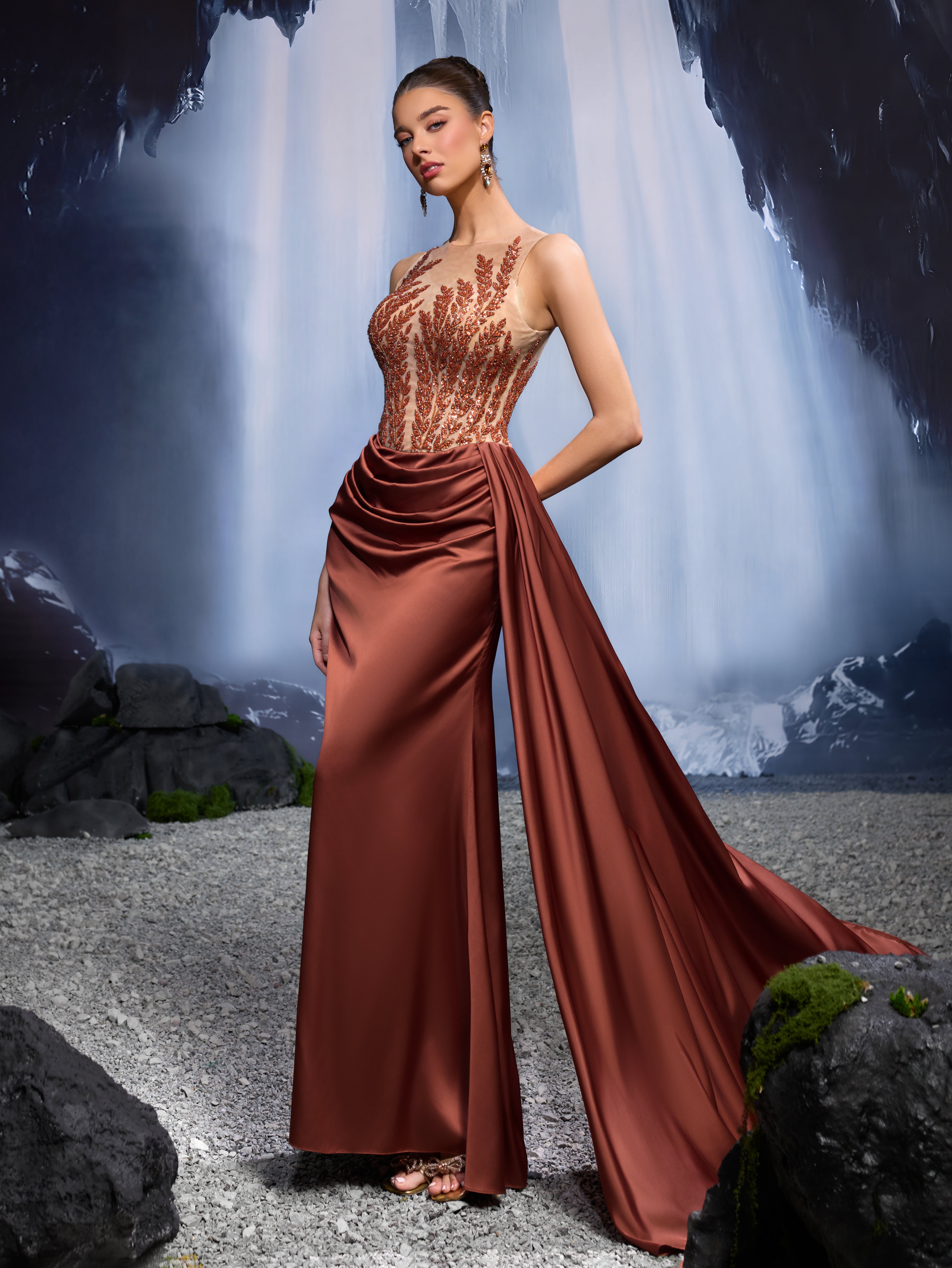 Coffee Brown Embroidered Sleeveless Sheath Maxi Dress