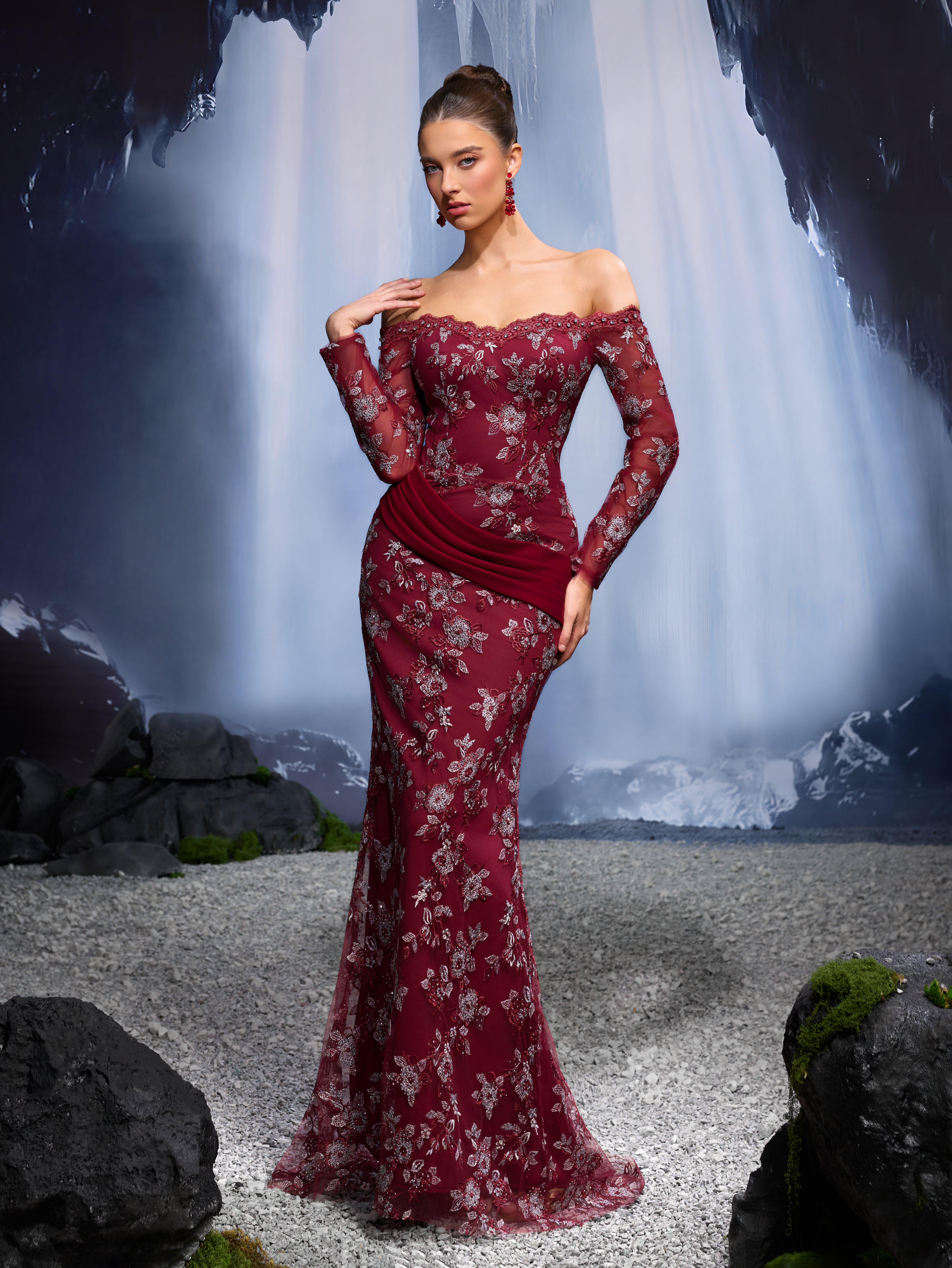 Burgundy Floral Bodycon Maxi Dress with Long Sleeves