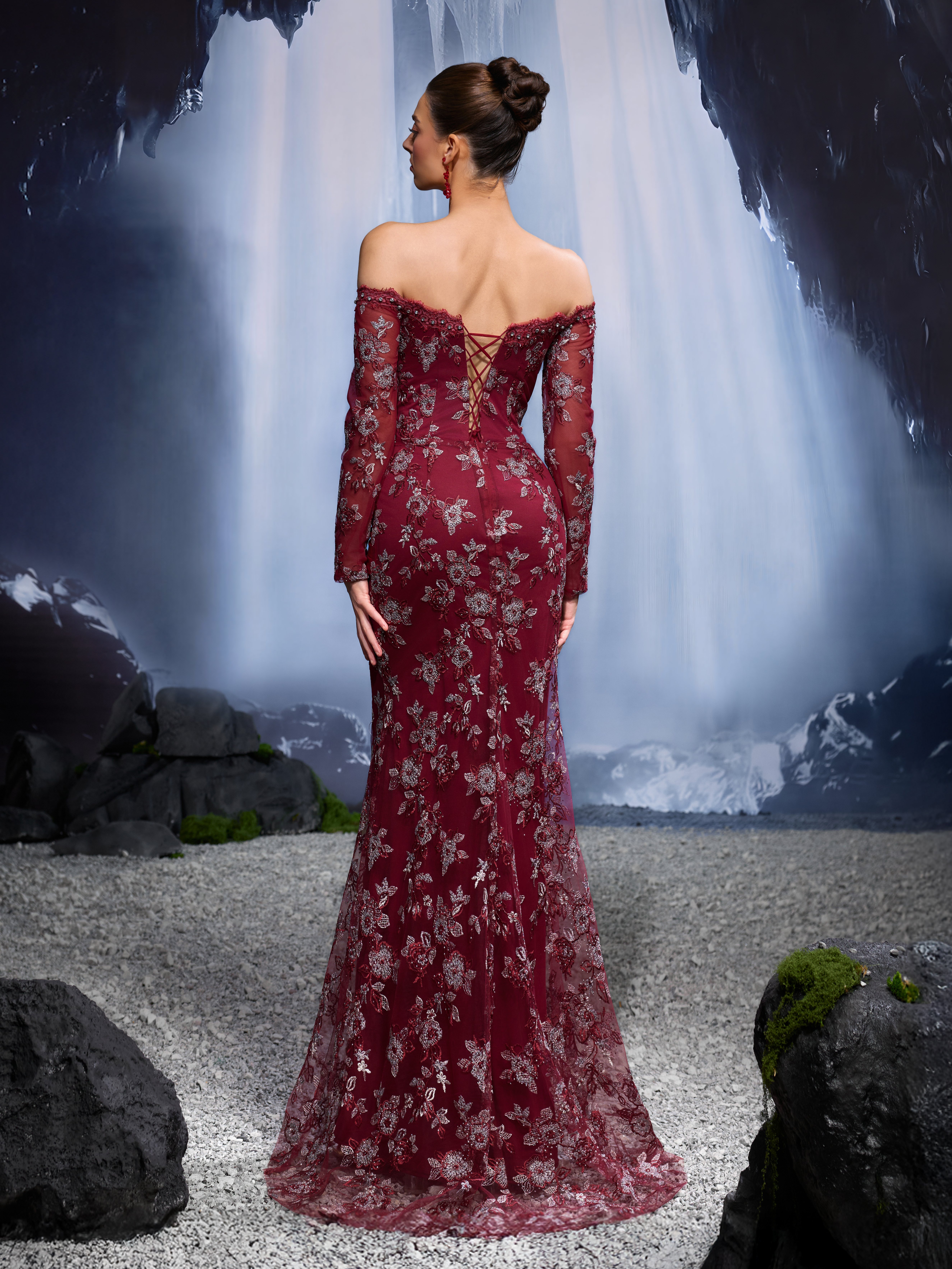 Burgundy Floral Bodycon Maxi Dress with Long Sleeves