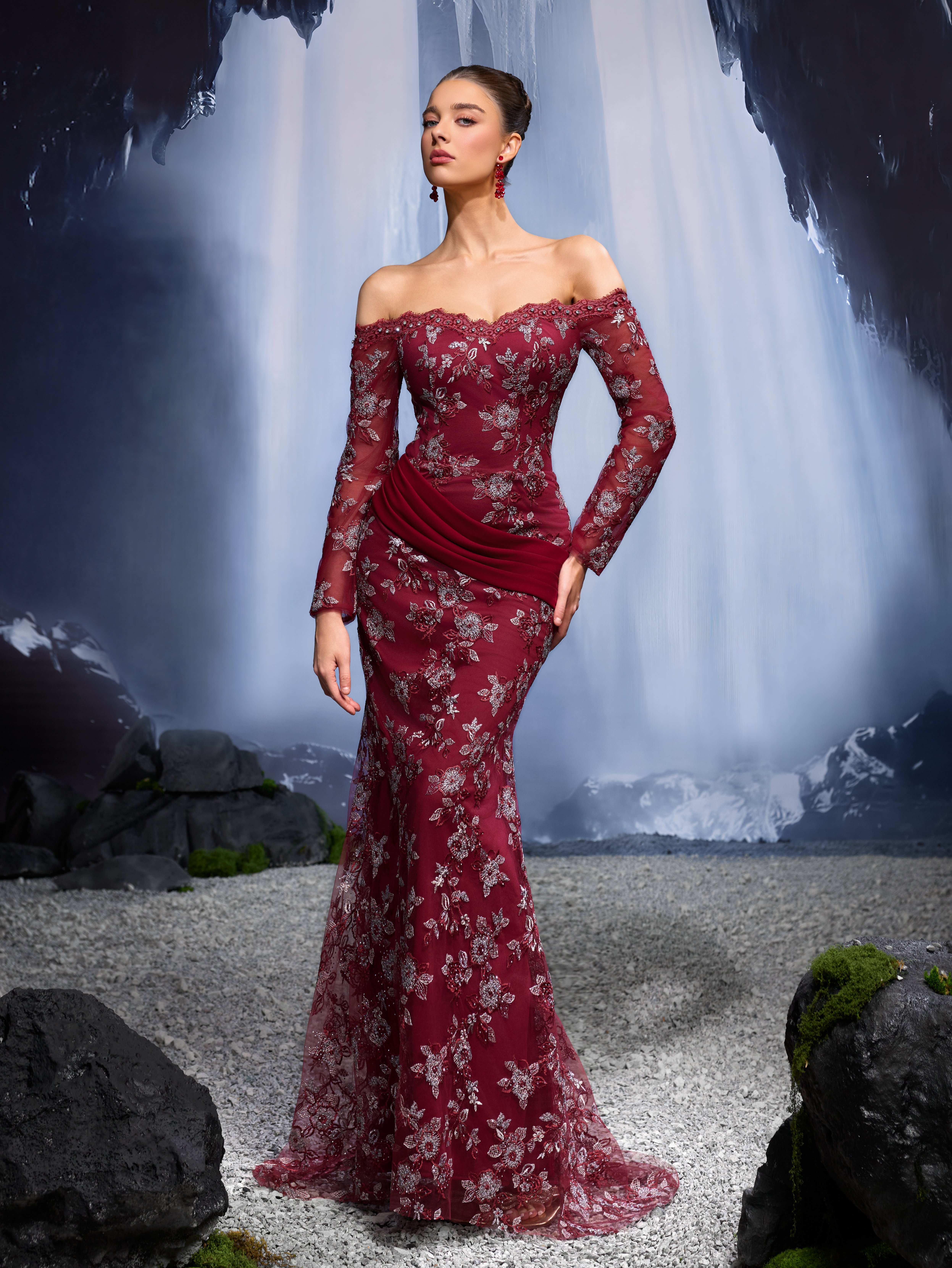 Burgundy Floral Bodycon Maxi Dress with Long Sleeves