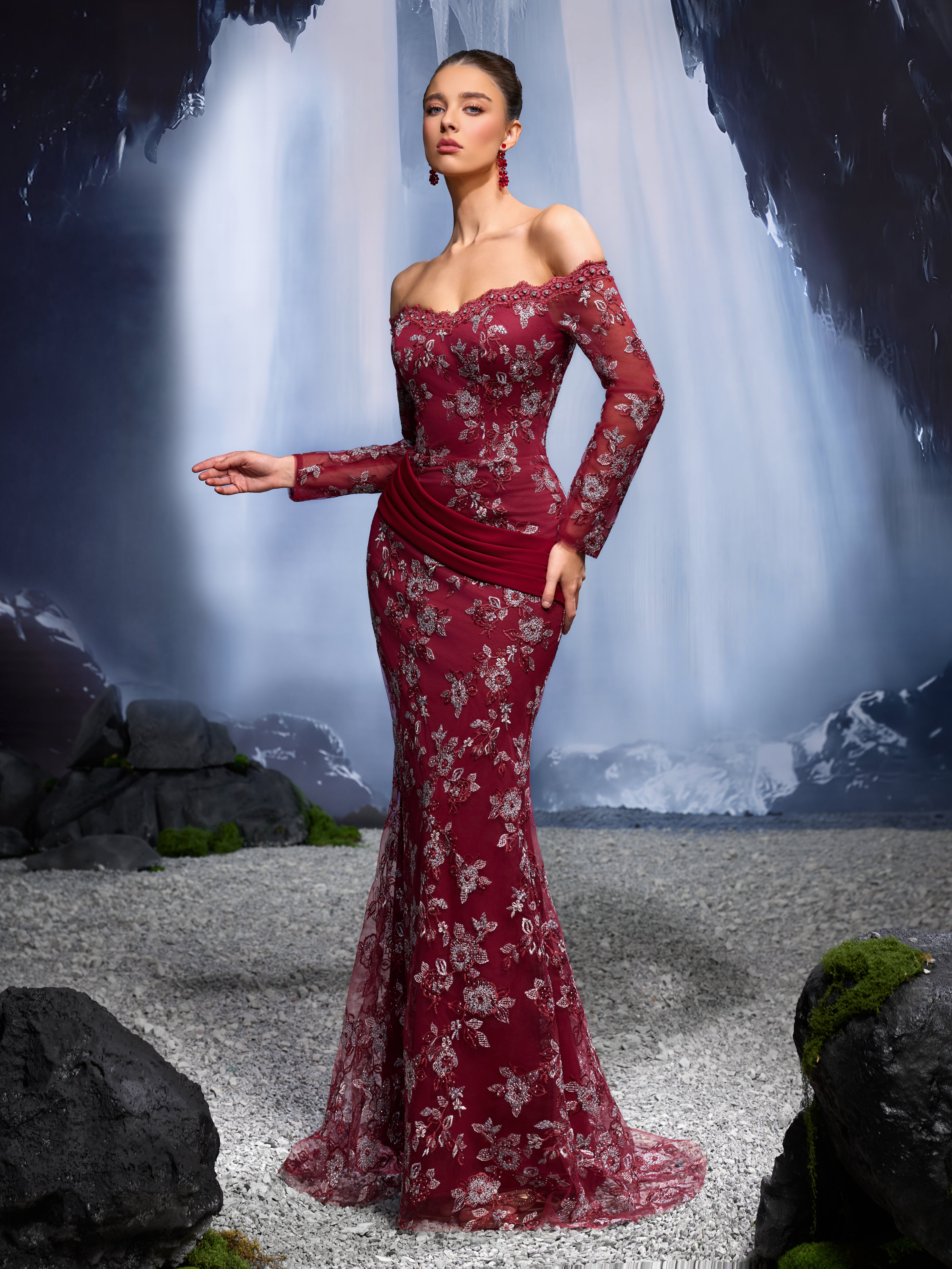 Burgundy Floral Bodycon Maxi Dress with Long Sleeves
