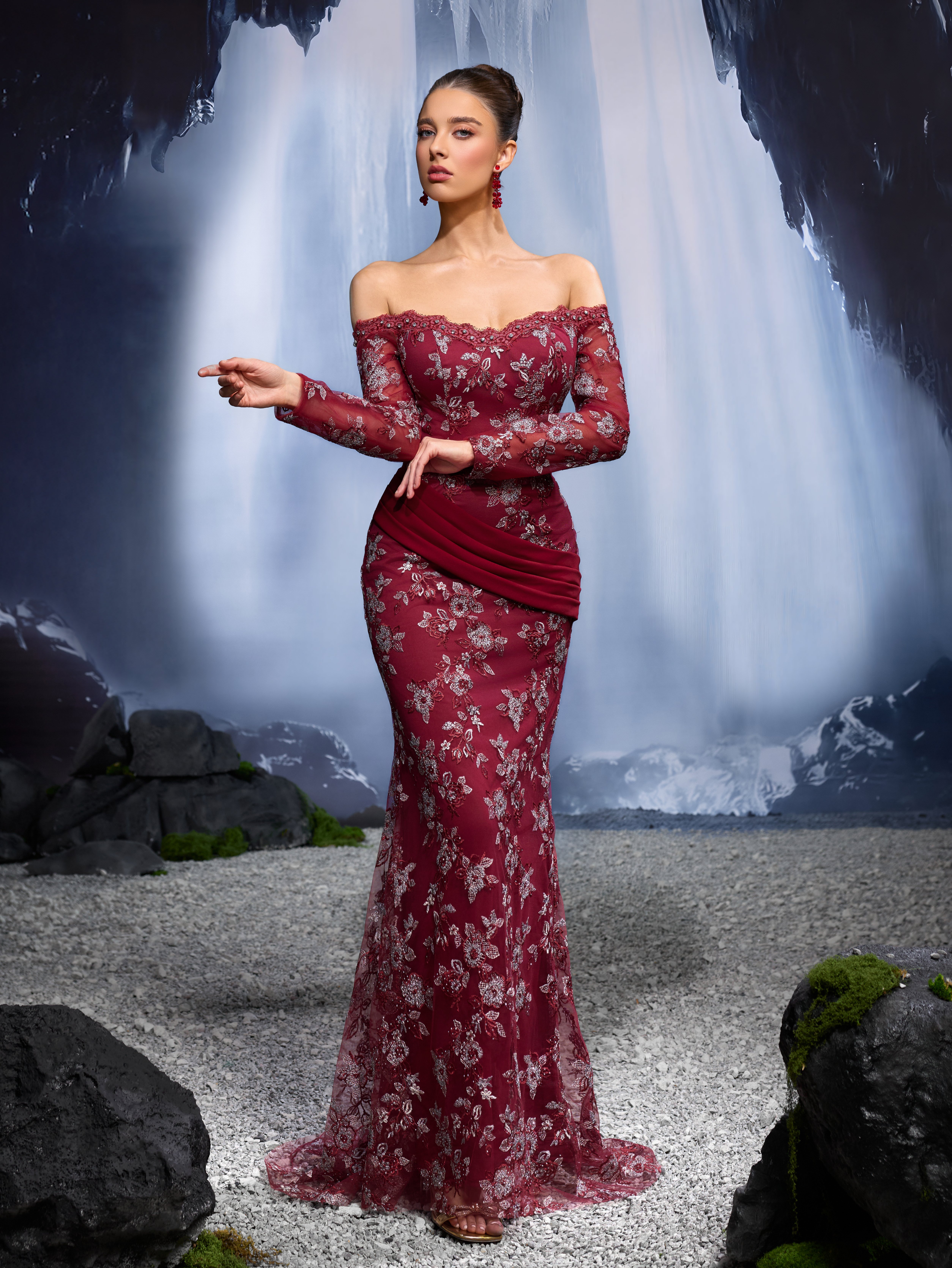 Burgundy Floral Bodycon Maxi Dress with Long Sleeves